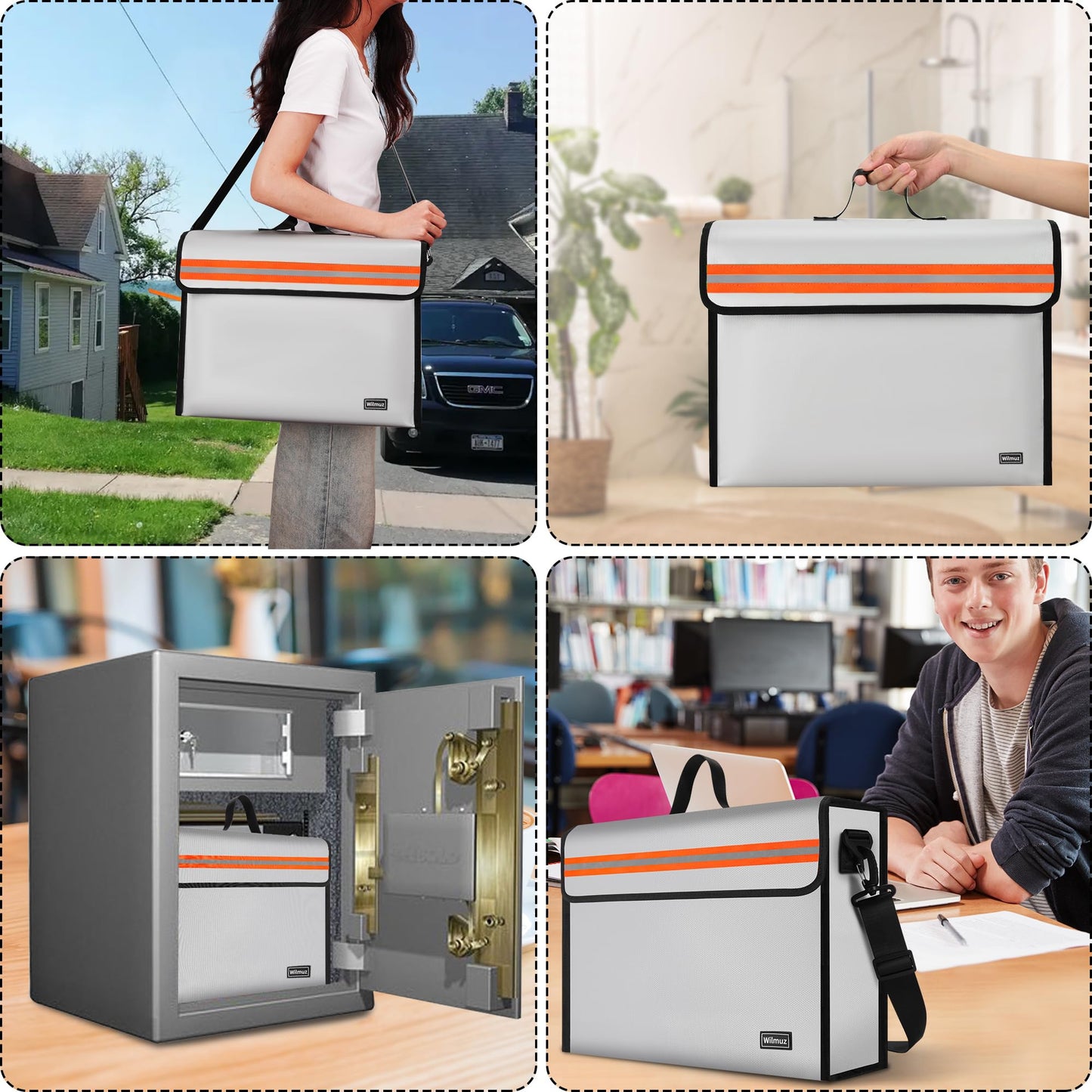 Wilmuz Fire Proof File Box for Documents with Shoulder Strap 5200℉ Insulated,14.9"x11.8"x4.7"Fireproof Document Bag with Reflective Strip,Fireproof Box for Money,Valuables,Jewelry(Silver)