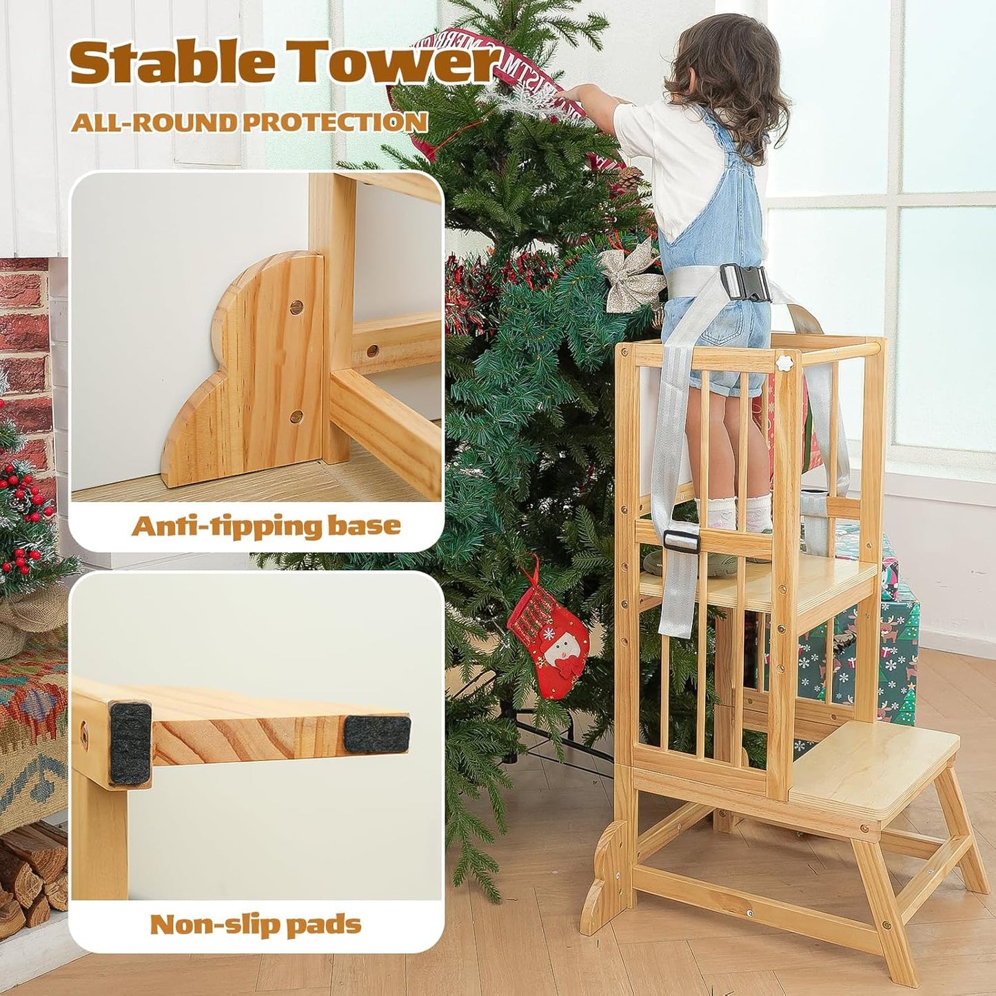 Toddler Step Stool, Kitchen Tower for Toddlers, Adjustable Height Children's Wooden Kitchen Stool, Kids Tower for Learning with Removable Safety Railing, Ages 18 Month to 3 Years(Wood)