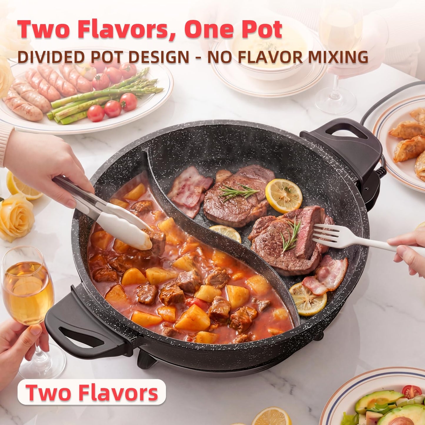 SENSCHEF TWIN™ Electric Hot Pot with Divider | EvenHeat Cast Aluminum Non-Stick Pot for No-Spot Cooking | 1500W Fast Heating | Dual-Flavor Shabu Shabu Pot for | 1-Yr Warranty | Granite Black