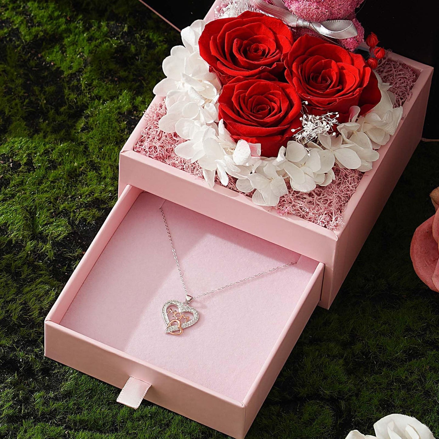 ADDWel Gifts for Mom Birthday Mothers Day - Real Preserved Rose Gift with 925 Sterling Silver Mom Necklace and Cute Teddy Bear, Timeless Elegant Gift from Husband Son or Daughter, Unique Moms Gifts