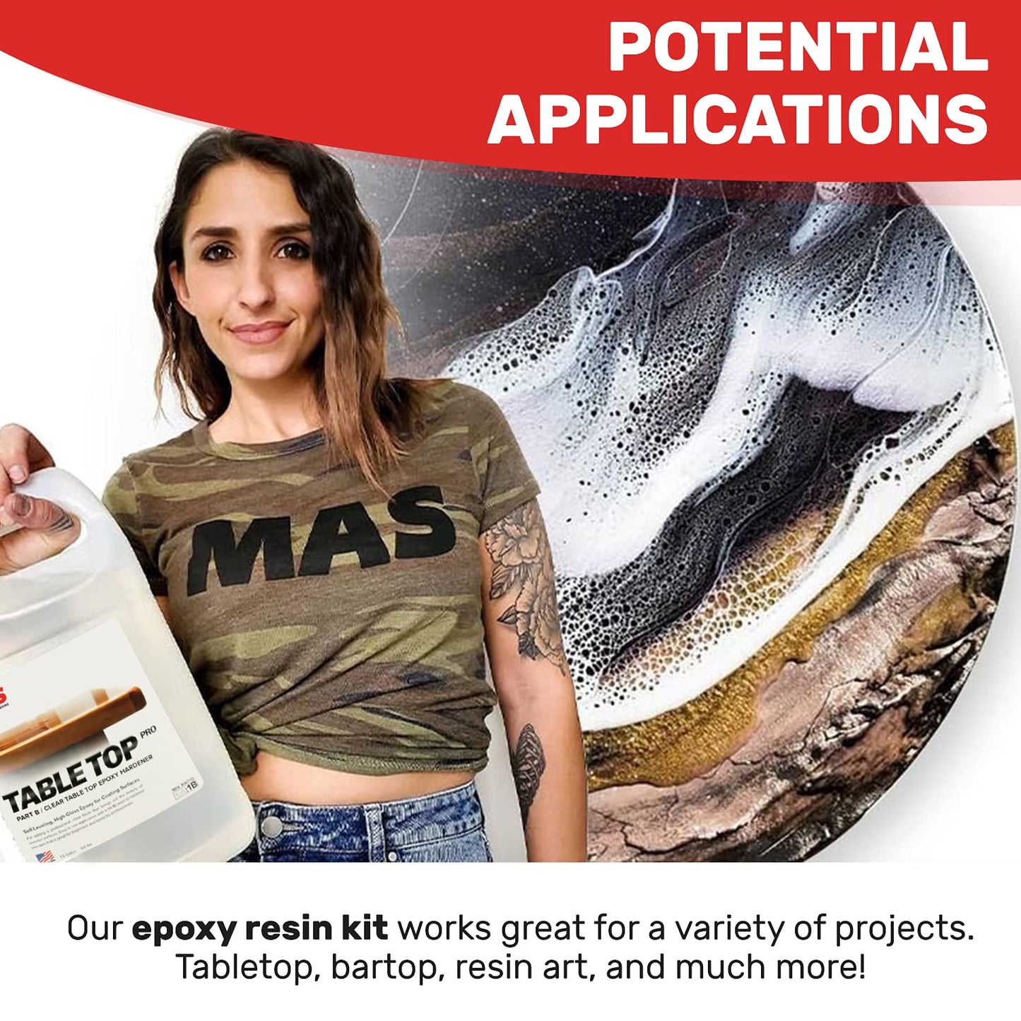 MAS Epoxies Table Top Pro Epoxy Kit, 1-Gallon, (0.5-Gal Part A + 0.5-Gal Part B) Crystal Clear Resin Casting for DIY Arts, Crafts, Countertops, Wood Tables, Tabletops, Bar Tops