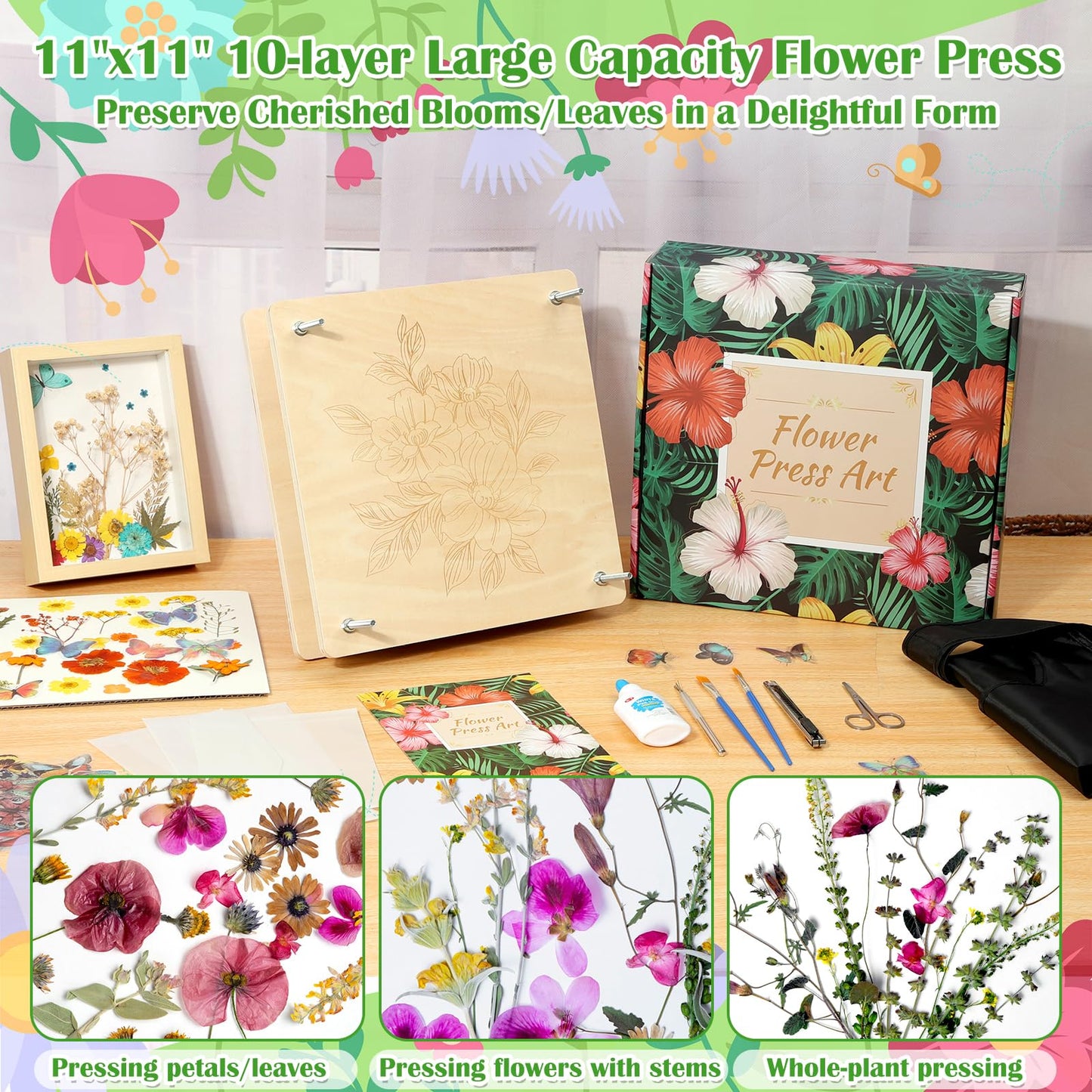 11x11" Large Flowers Press Kit, 10-Layer Wooden Pressing Kit for Adults DIY Flower Preservation & Dried Flowers Art Bookmark Frame Wedding Flower Drying, Gift for Craft Lovers with Storage Bag