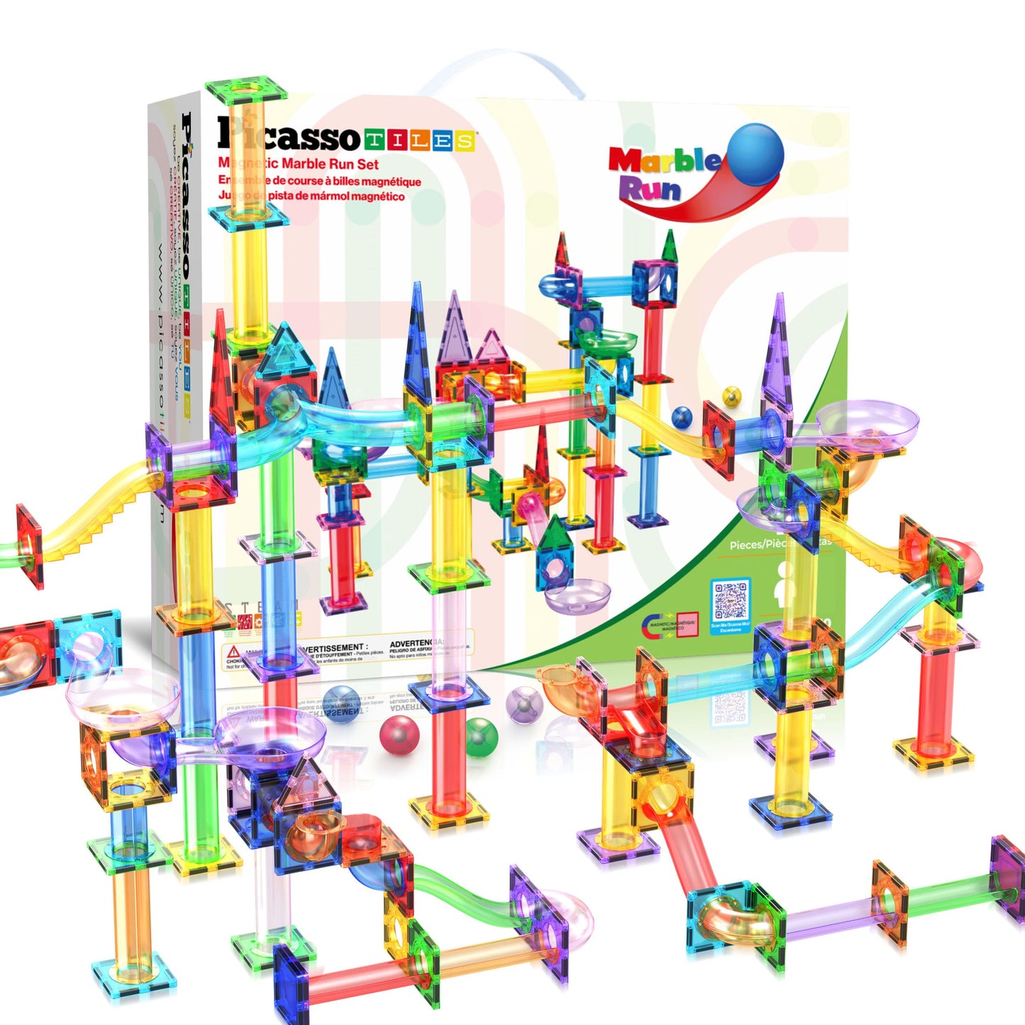 PicassoTiles Marble Run 150-Piece Magnetic Tile Race Track Toy Play Set STEM Building & Learning Educational Magnet Construction Kit Child Brain Development Toys Boys Girls Age 3 4 5 6 7 8+ Years Old