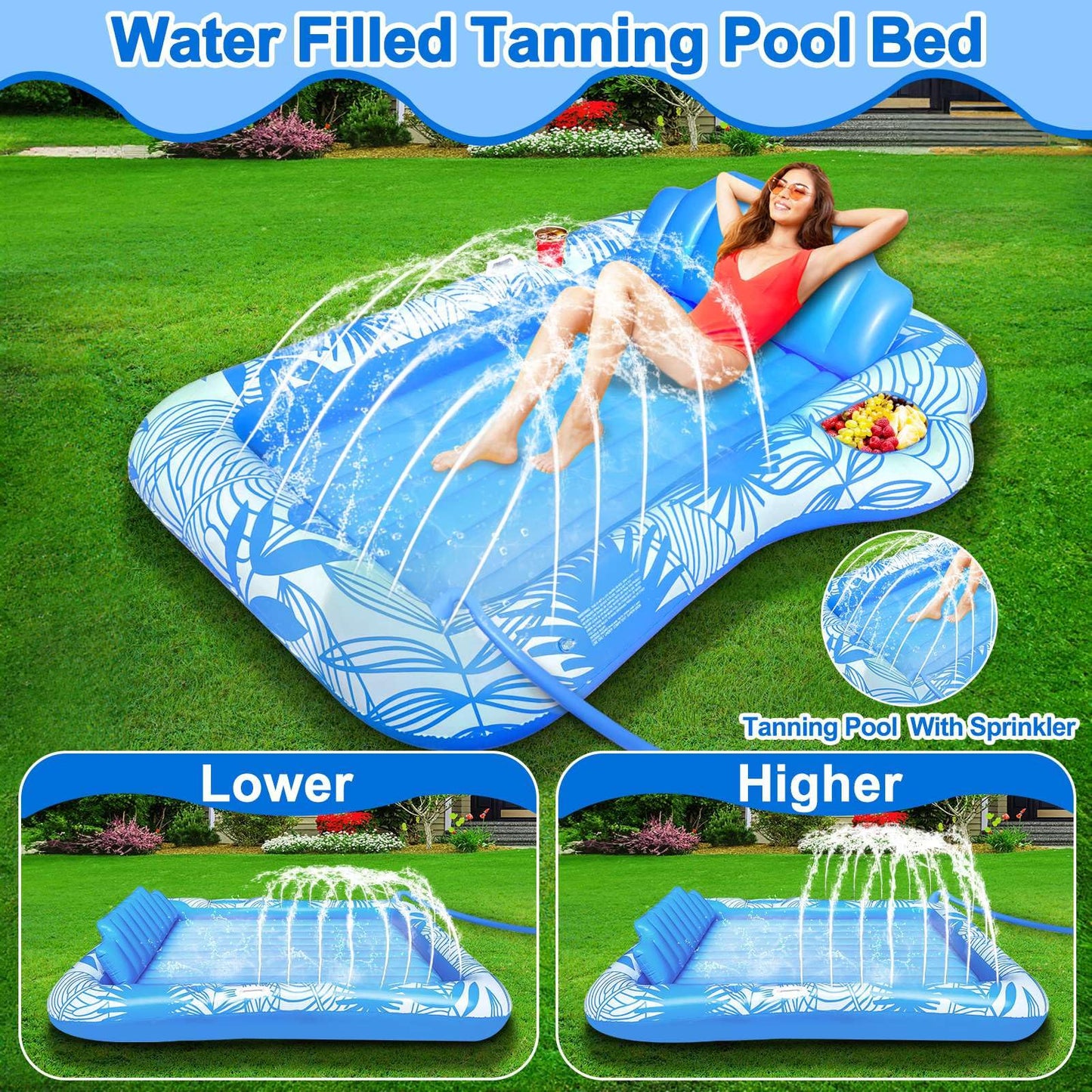 83" X 63" Extra Large Inflatable Tanning Pool Float Lounger with Sprinkler, Pool Float Adults with Pillow & Drink Holder, Blow up Water Tanning Bed Pool Raft Floatie for Adults Backyard, Pink/Blue