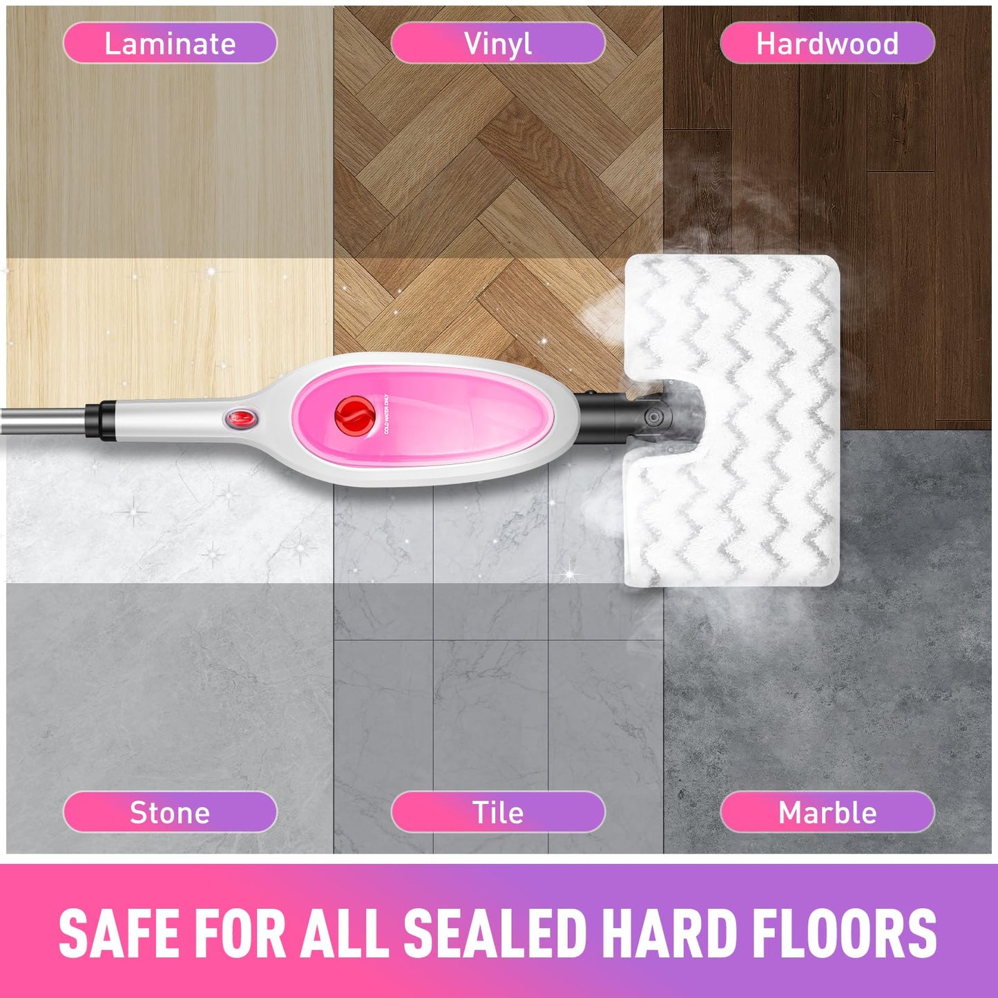 Steam Mop, Detachable Handheld Steam Cleaner with 10-in-1 Multipurpose Accessories, Two-sided Mop, Double Cleaning Area, Multi Surfaces Steamer for Wood Floor, Tile, Window, Clothes, Furniture & Grout