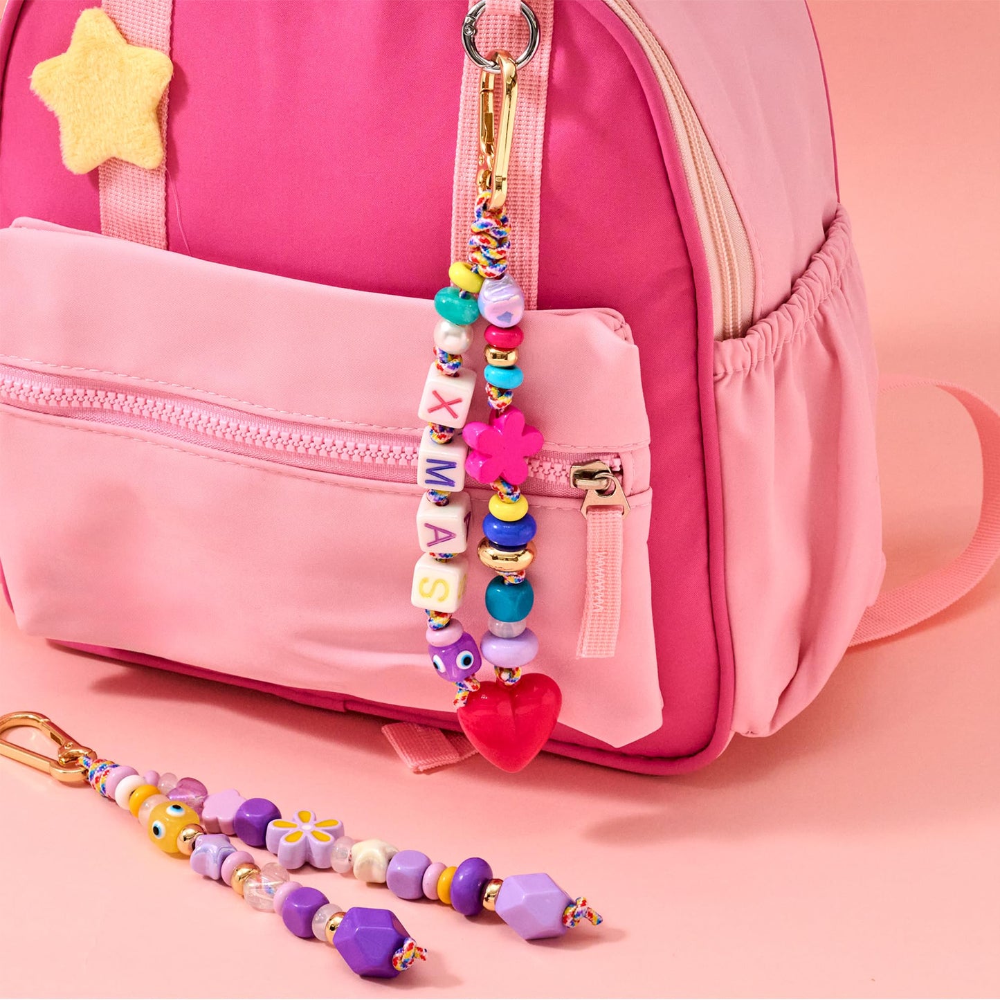MINIMISSMIANYC Bead Bag Charm Kit for Girls,Big Colorful Beaded Heart Flower Letter A-Z Keychain Making Kit Key Chain DIY Charm Supplies Carft Accessoriess Jewelry for Women Kids Boys