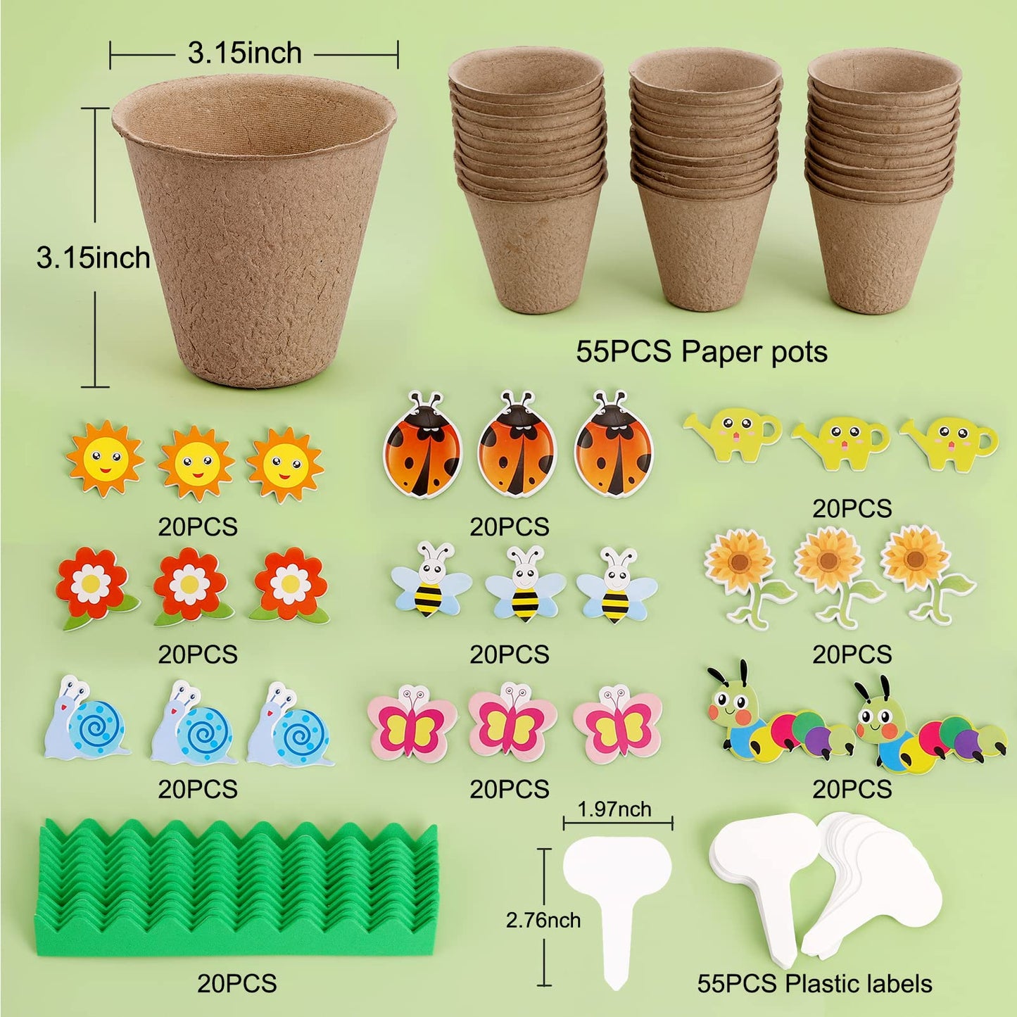 Ayfjovs Garden Paper Pot Craft Kit, 55 Pack Flower Plant Spring Craft for Kids with 200 PCS Adhesive Foam Stickers and 55 PCS Plastic Plant Labels for Kids Craft, Classroom Decor, Mother's Day
