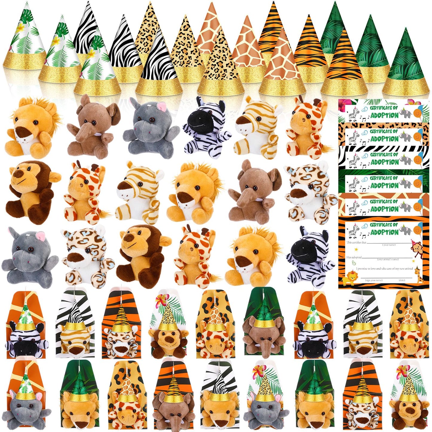 VioraWhite 18 Sets Adopt a Jungle Animal Supplies Include 18 Mini Jungle Stuffed Animal 18 Mini Party Hats 18 Adoption Certificate 18 Kraft Boxes for Safari Themed Birthday Party Gifts
