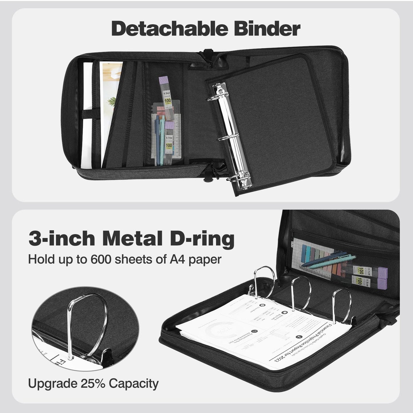MoKo Zipper Binder with Multi-Pocket, 3-Inch 3 Ring Zipper Binder, 600 Sheets Capacity 6 Tab Expanding File Folder Multi-Pocket Zip Up Binders with Shoulder Strap & Handle for Middle School, Black