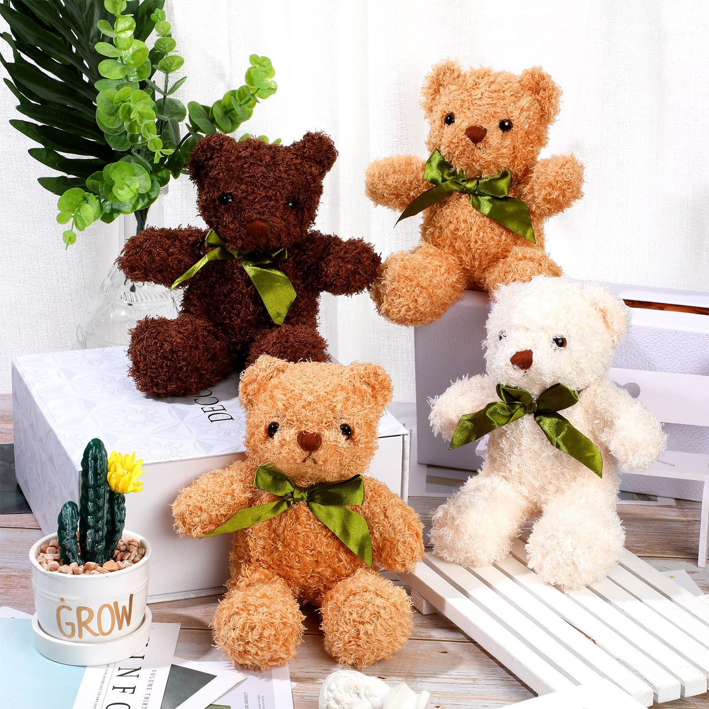 HyDren 15 Pieces Plush Stuffed Bears 10 Inch Cute Soft Stuffed Animal Bear Toy with Bow Tie for Graduation Baby Shower Birthday Party Gift Favors(Golden, Brown, White)