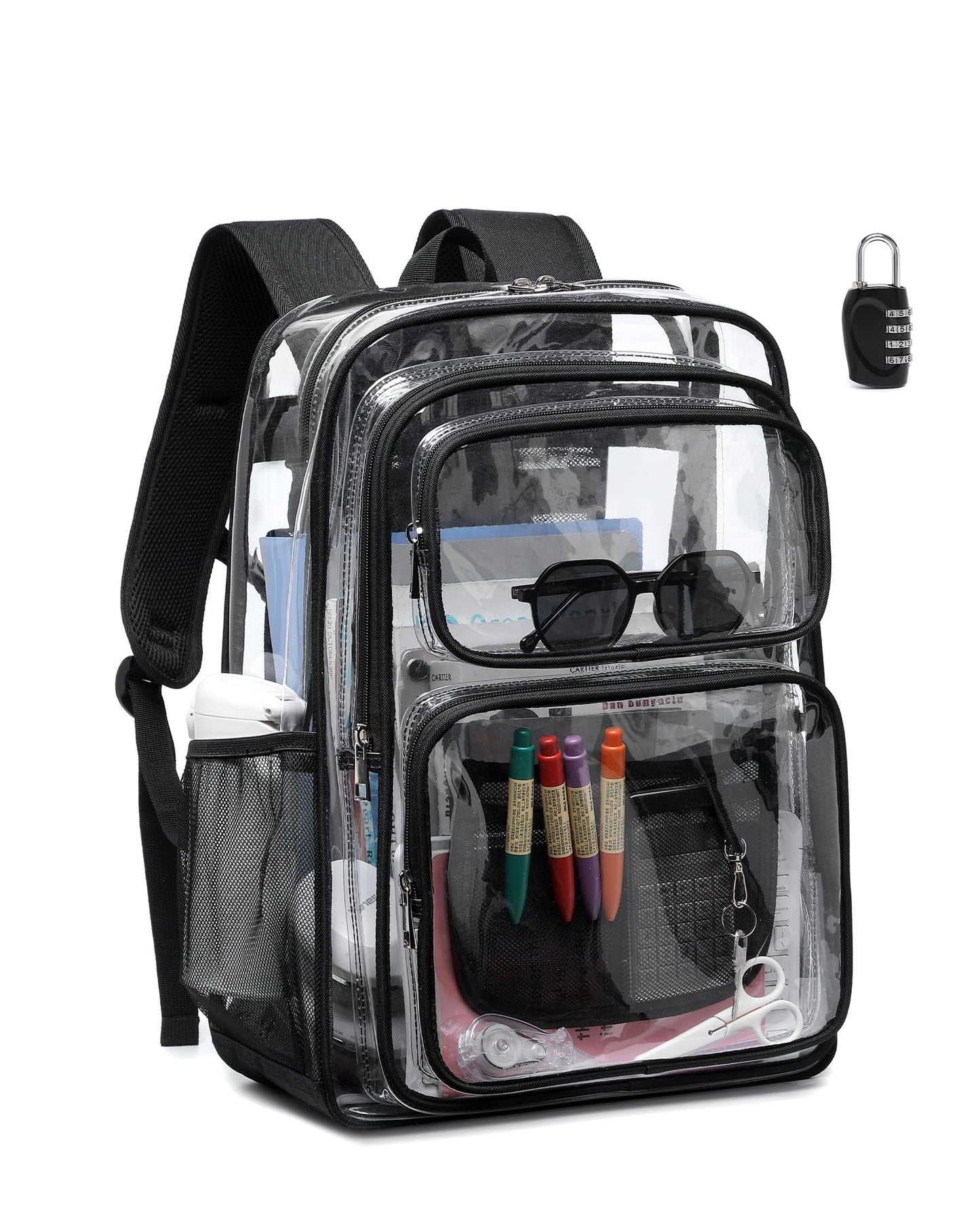 BAVERGE Clear Backpack Heavy Duty -18 Inch Extra Large Bookbag 3 Front Pockets and Lock for Stadium Events, Travel, Work, College, Black