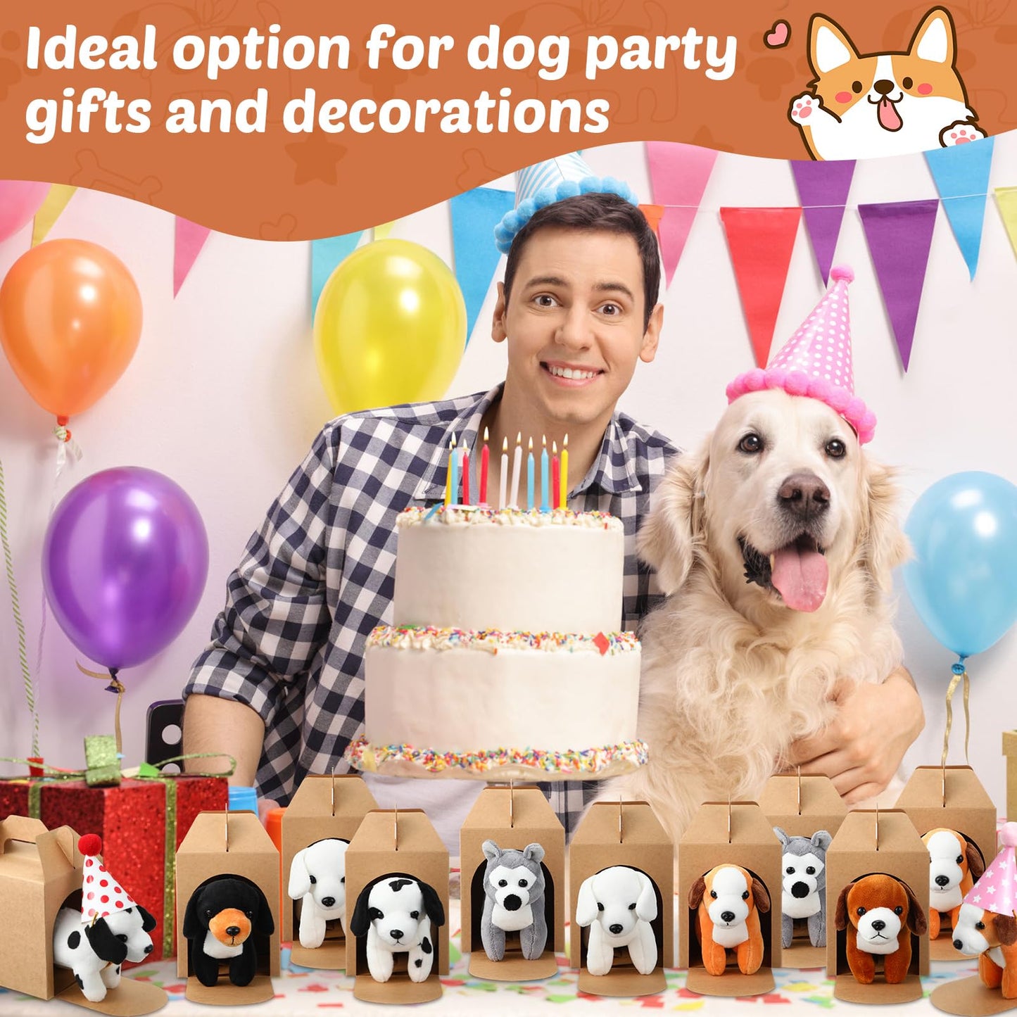 Simgoing 12 Set Mini Plush Toy Stuffed Animals Adopt a Dog Set with 12 Stuffed Dogs 12 Kraft Paper Boxes 12 Birthday Hats for Boys and Girls Animal Theme Birthday Party Favors(Brown)