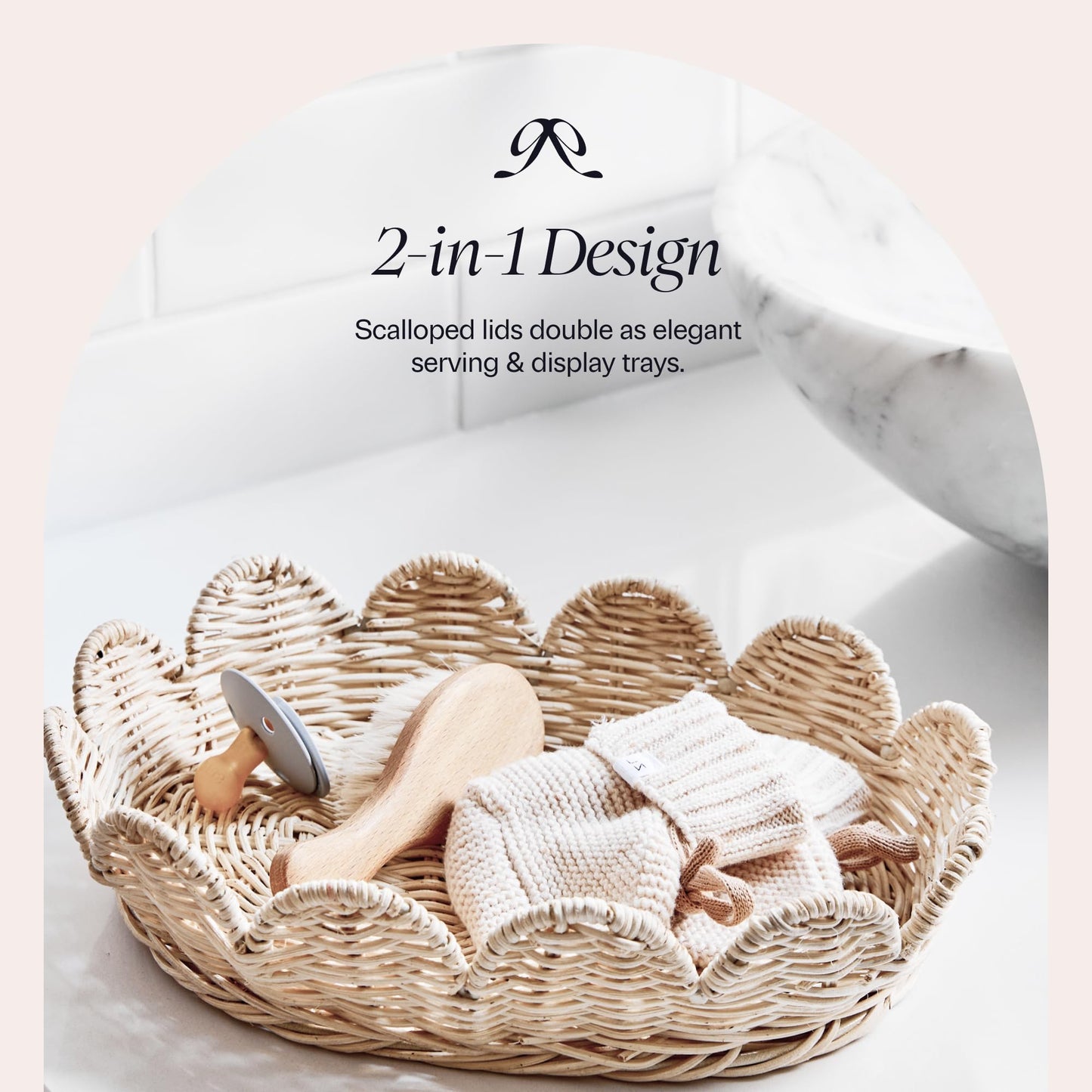 BEBE BASK The Original Scalloped Basket Set Of 2 – Small Scallop Basket - 15 x 10 x 6 In - Hand-Woven & Award-Winning - Elegant Wicker With Scalloped Edge Lid - Nursery Storage - (Natural)