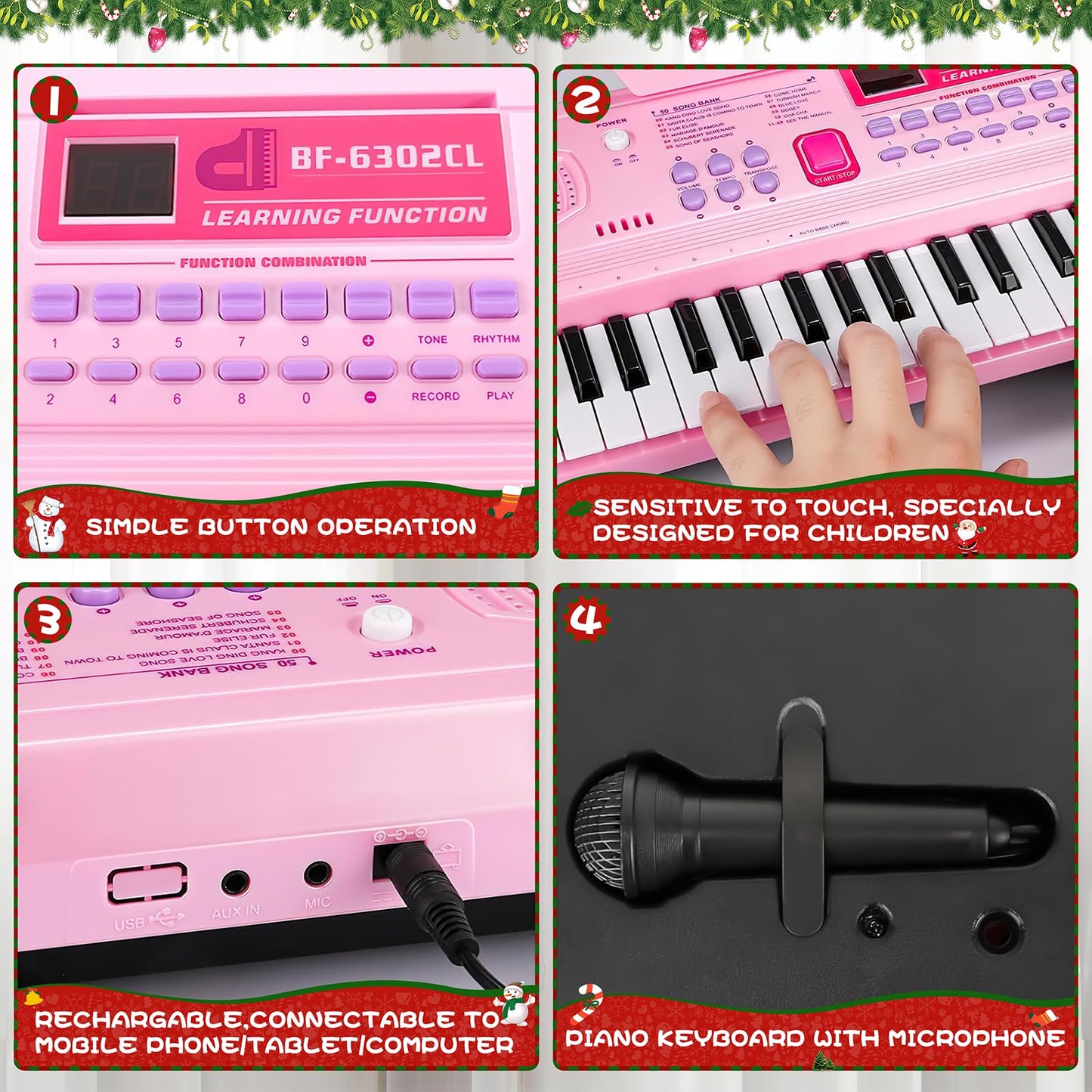 WOSTOO Kids Keyboard Piano, Portable 61 Keys Keyboard Electronic Digital Piano, Early Learning Educational Musical Piano Toy Keyboard for Beginners with Music Stand, Microphone (Pink) ﻿