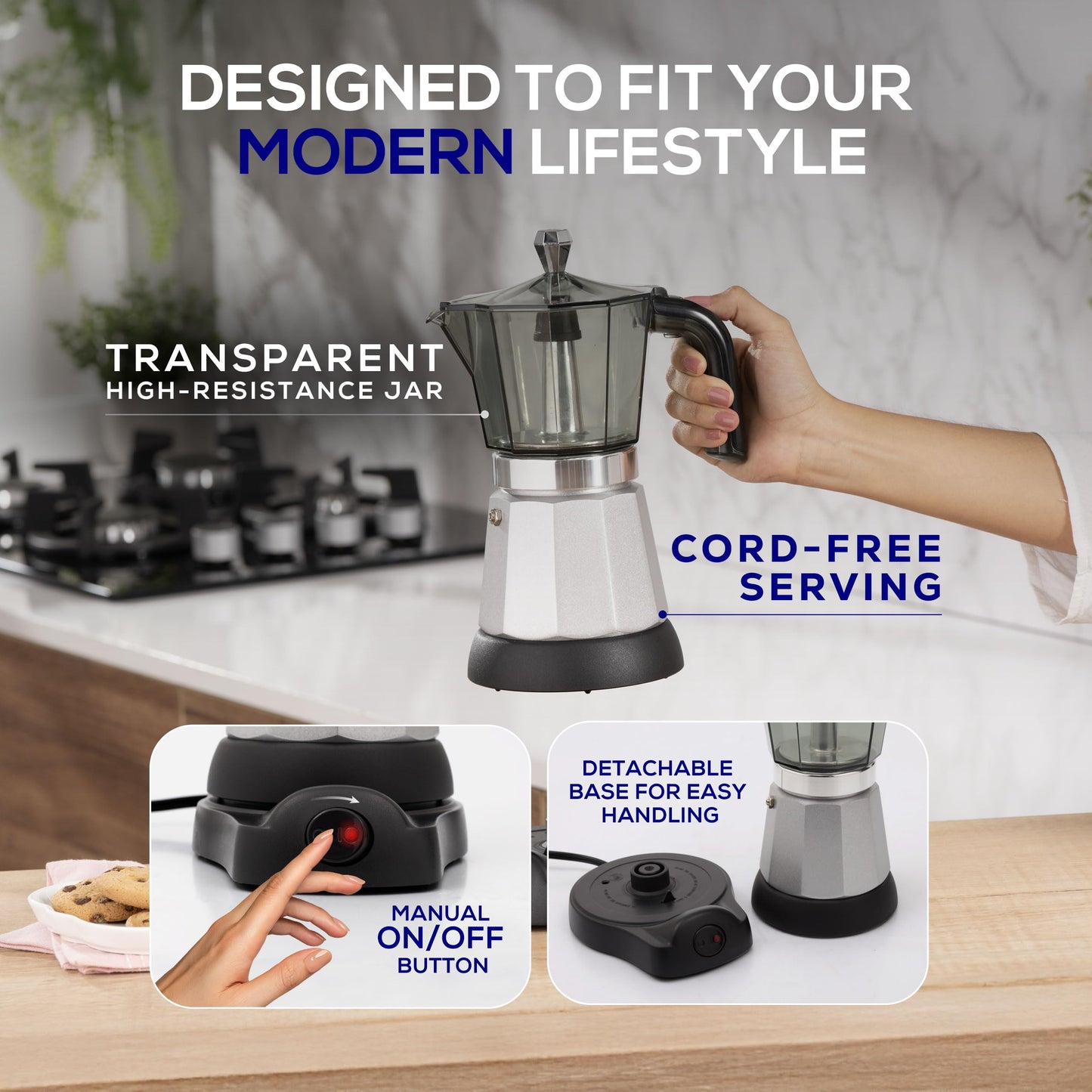 universal Electric Moka Pot 6 Cup (300ml), Cuban Coffee Maker 480W, Portable Espresso Maker with Detachable Base, Easy One-Touch Brewing, No Stove Needed