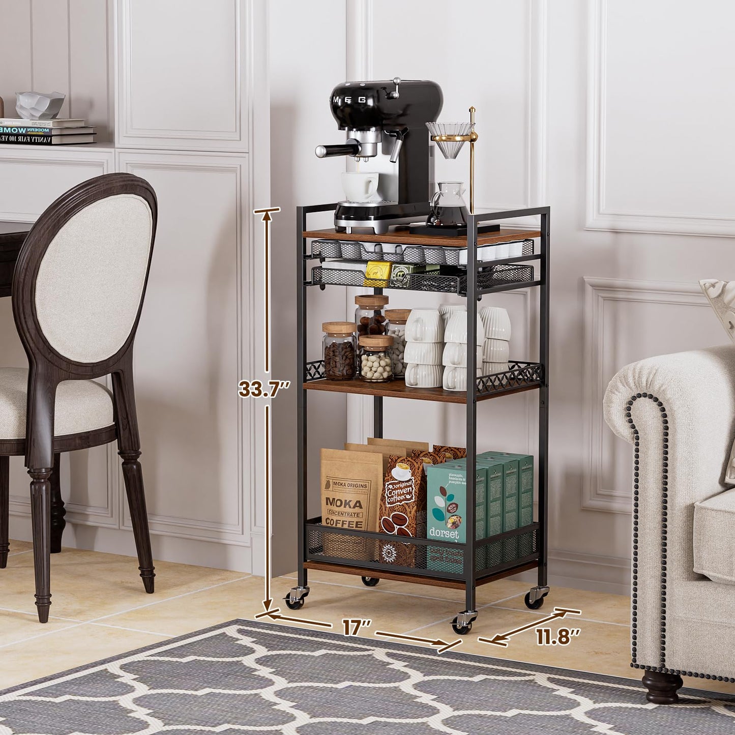 Plaviya K Cup Holder Rack, Coffee Station Organizer for Nespresso Vertuo and K Cup Capsules, Multi-Functional Bar Accessories Organizer With Wheels for Living Room, Kitchen