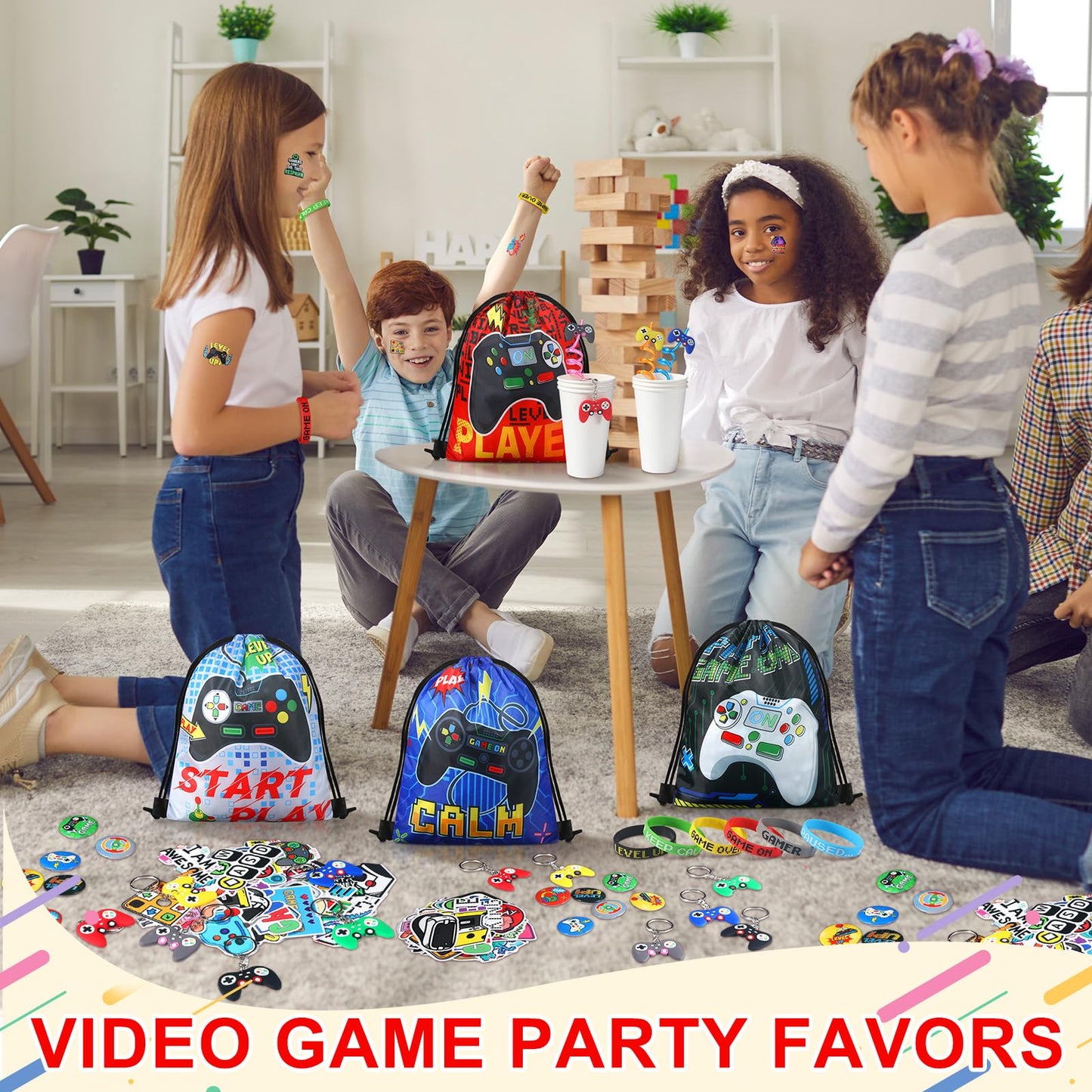 Sadnyy 140 Pcs Video Game Party Favors Birthday Party Decorations Supplies Drawstring Bags with Silicone Bracelets Keychains Straws Button Pins Stickers for Classroom Rewards Goodie Bags Stuffers