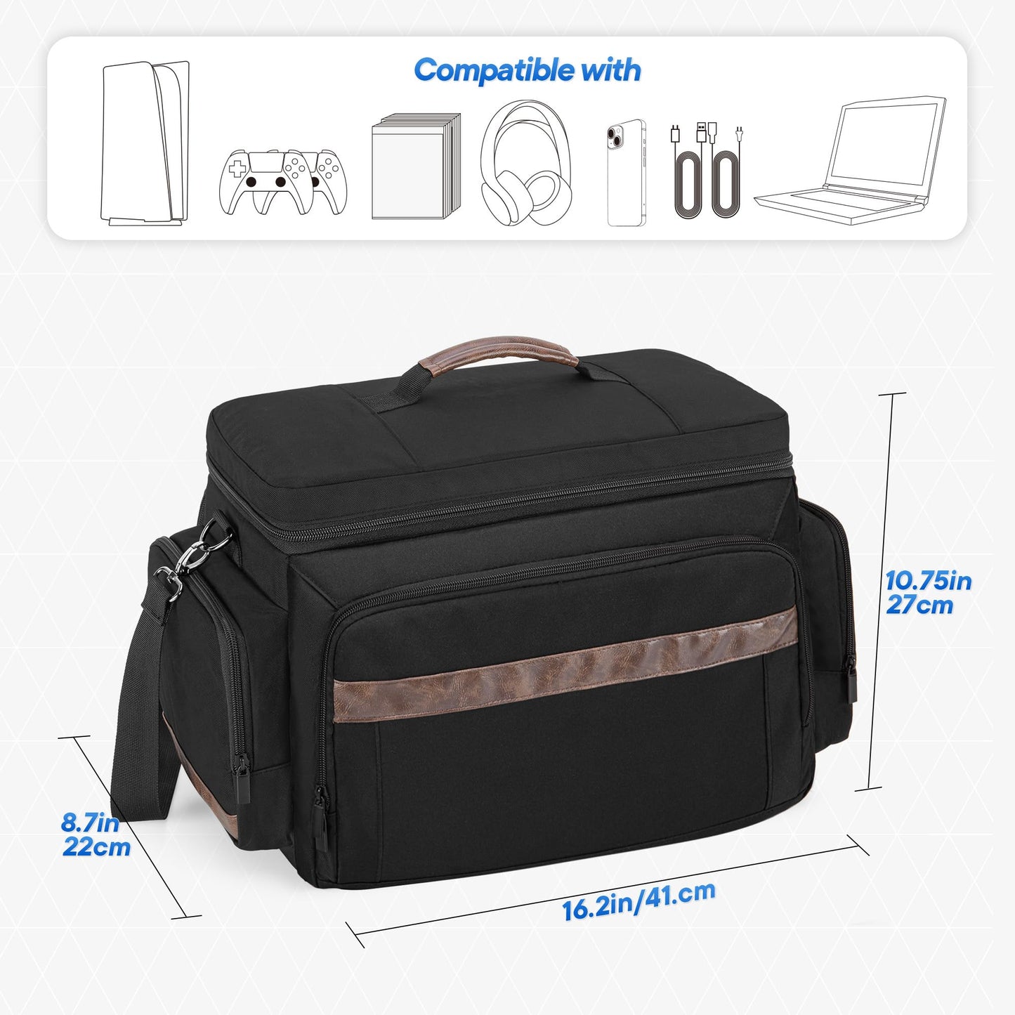 LoDrid Travel Carry Case Compatible with PS5/PS5 Slim/PS4/PS4 Pro/PS4 Slim/Xbox One/Xbox One X for Console and 15.6" Laptop, Protective Gaming Bag with Handle and Shoulder Strap, Black