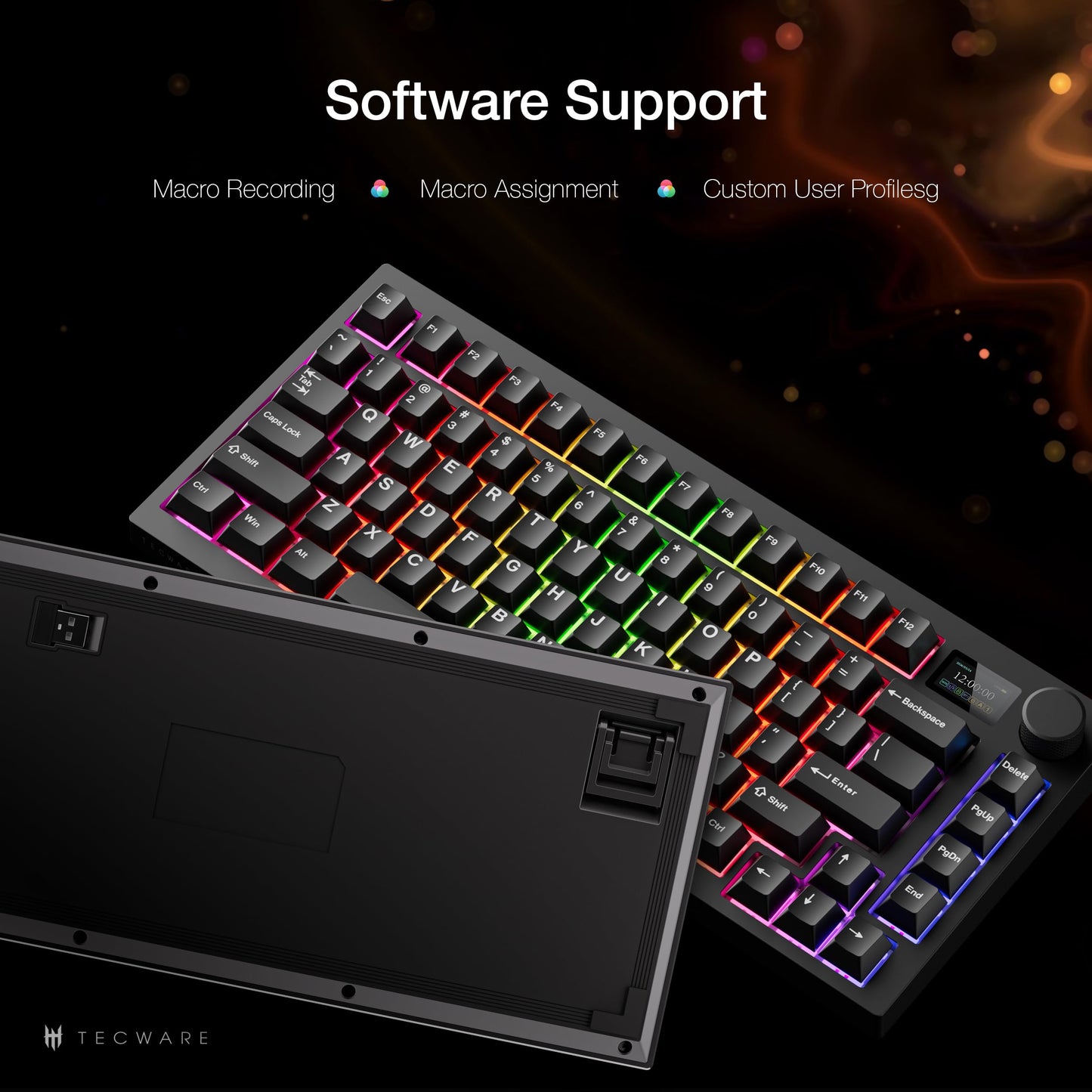 TECWARE Spectre 75% RGB Mechanical Gaming Keyboard with Customizable LCD Screen, Multi-Function Knob, Gasket Mount, South Face 5-Pin Universal Hot-Swappable Sockets Black Cocoa Brown Switch