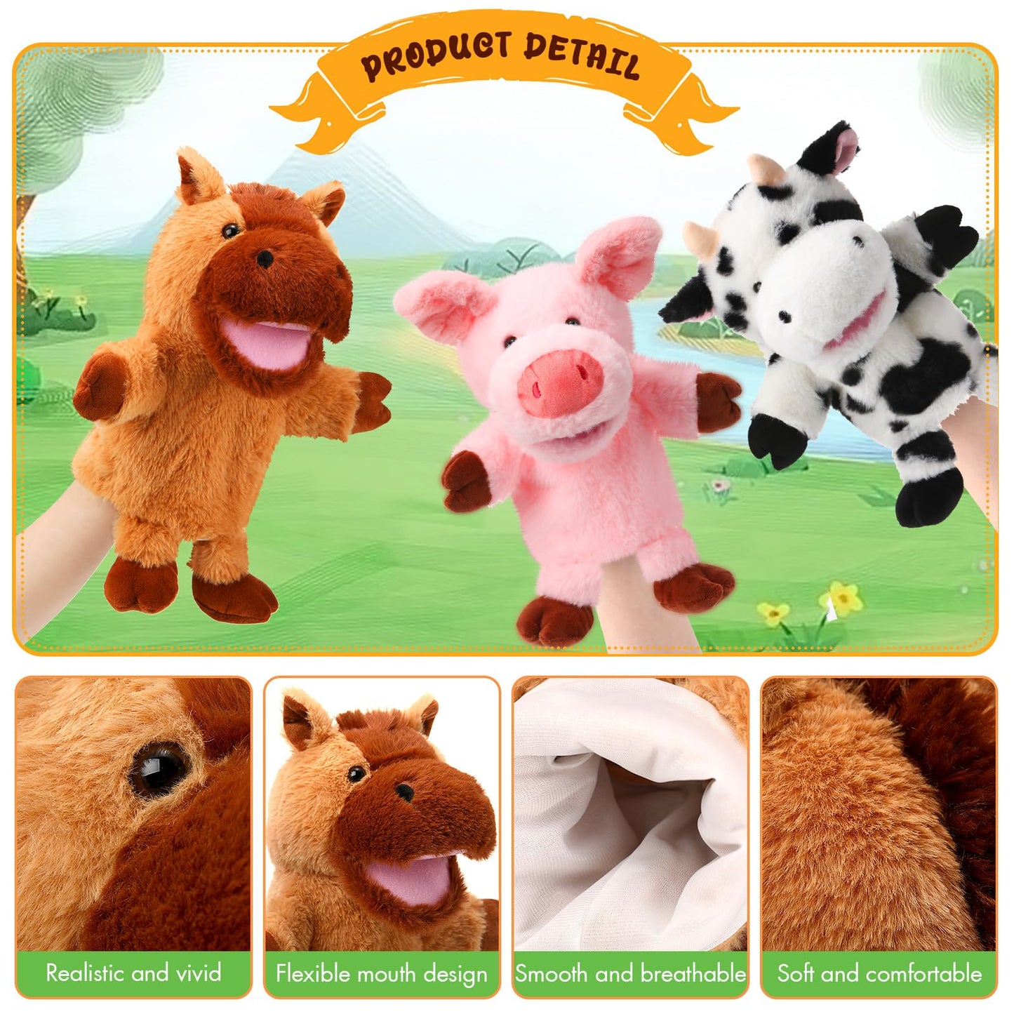 Lenwen 6 Pcs Operation Christmas Items Bulk Animal Hand Puppets with Working Mouth 10 Inches Plush Puppets for Toddler Kid Storytelling Imaginative Role Play Show Party Gifts(Farm Animal)