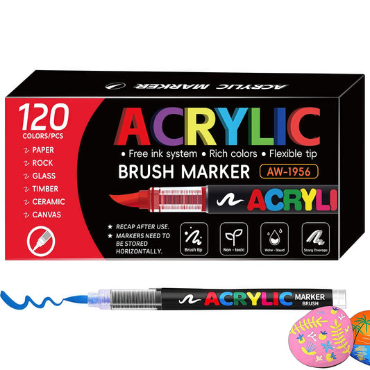 CSLIMNB 120 Colors Permanent Acrylic Paint Markers - Brush Tip Pens set for Rocks Wood Glass Ceramics Fabric Paint for Coloring,Painting,DIY Drawing for Adults