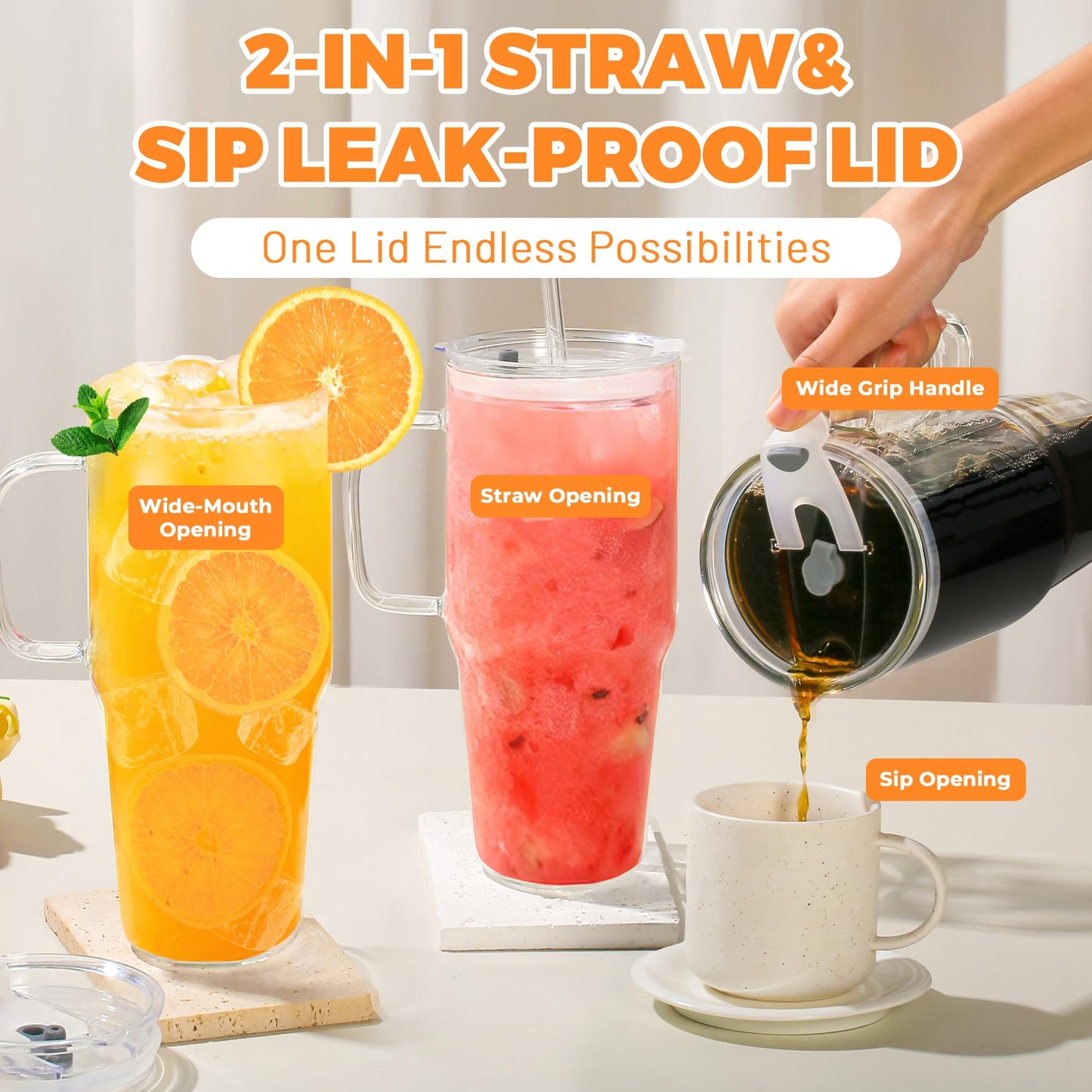 2Pack 40OZ Glass Tumbler with Handle,Glass Cup with Lid and Straw,Reusable Glass Iced Coffee Cup for Beer, Smoothies, Juice,Hot/Cold Drinks-Suitable for Birthday,Wedding
