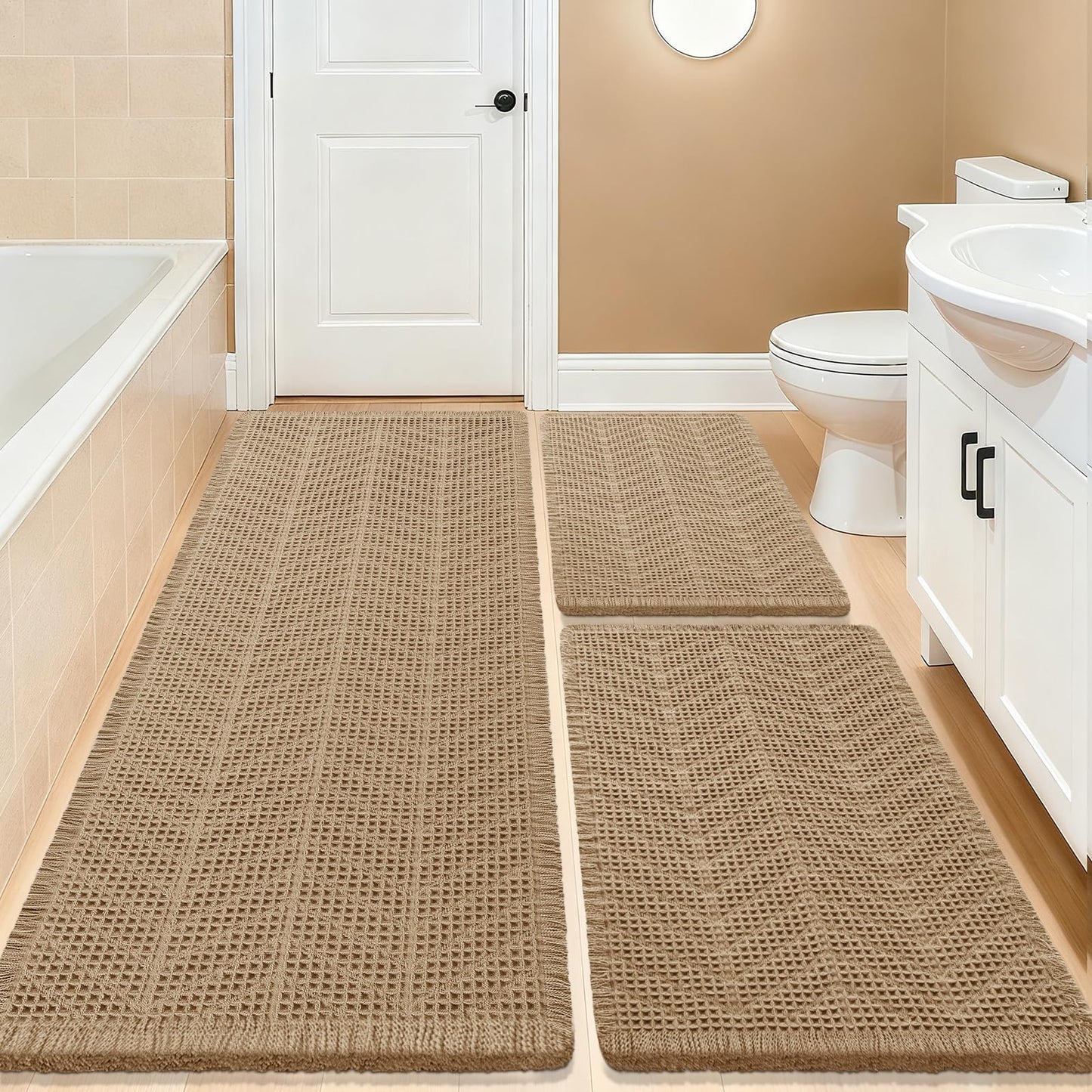 Waffle Bath Mat Set 3 Piece, Boho Woven Modern Bath Rug Absorbent Non Slip, Soft Bathroom Mats, Machine Washable Knit Bath Rugs with Herringbones for Bathroom, Bedroom, Kitchen, Shower, Tub, Beige