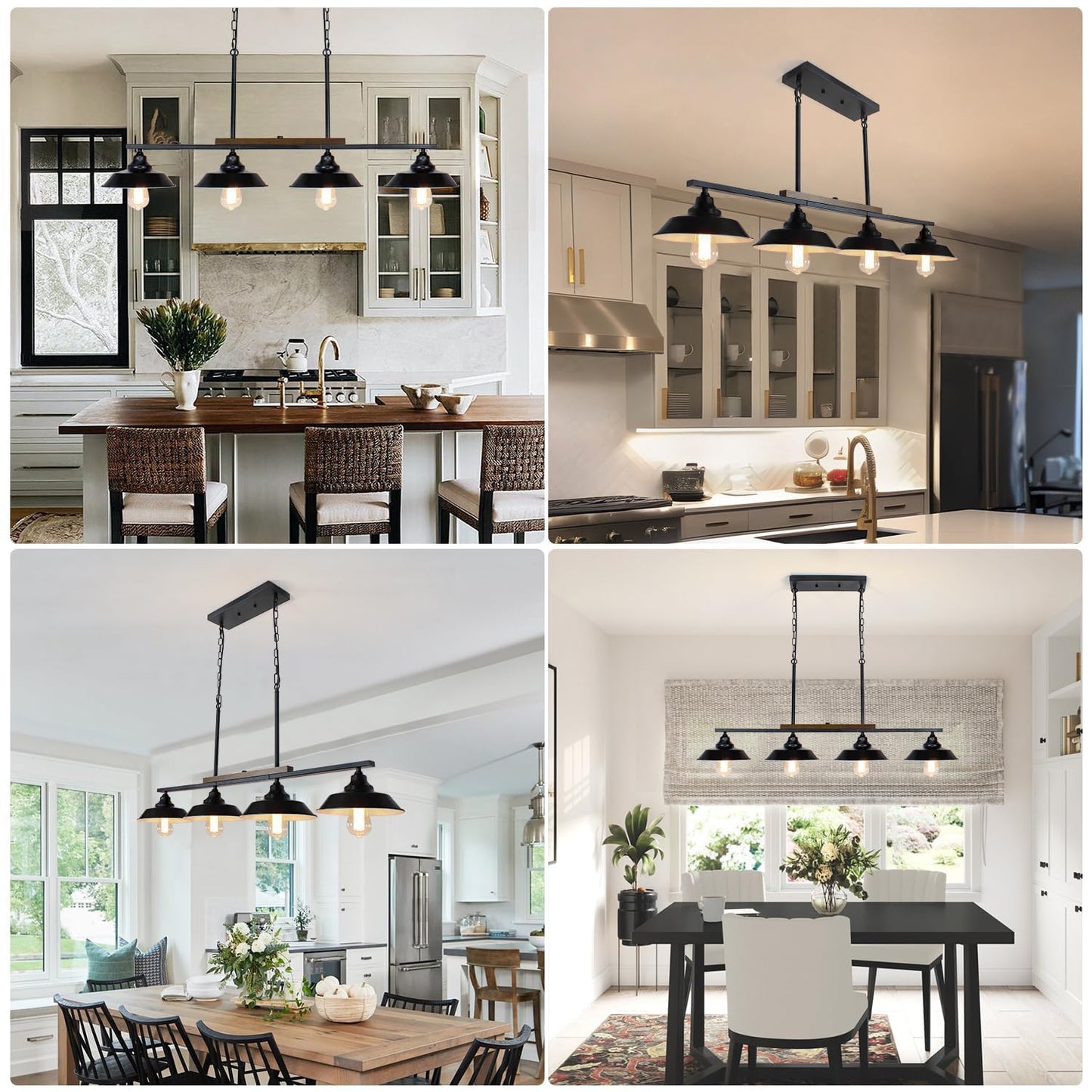 PUZHI HOME Kitchen Island Light, 4 Lights Black Pendant Dining Room Light Fixture Farmhouse Chandeliers for Dining Room Over Table Metal Hanging Lamp for Kitchen Island Hallway Pool Table