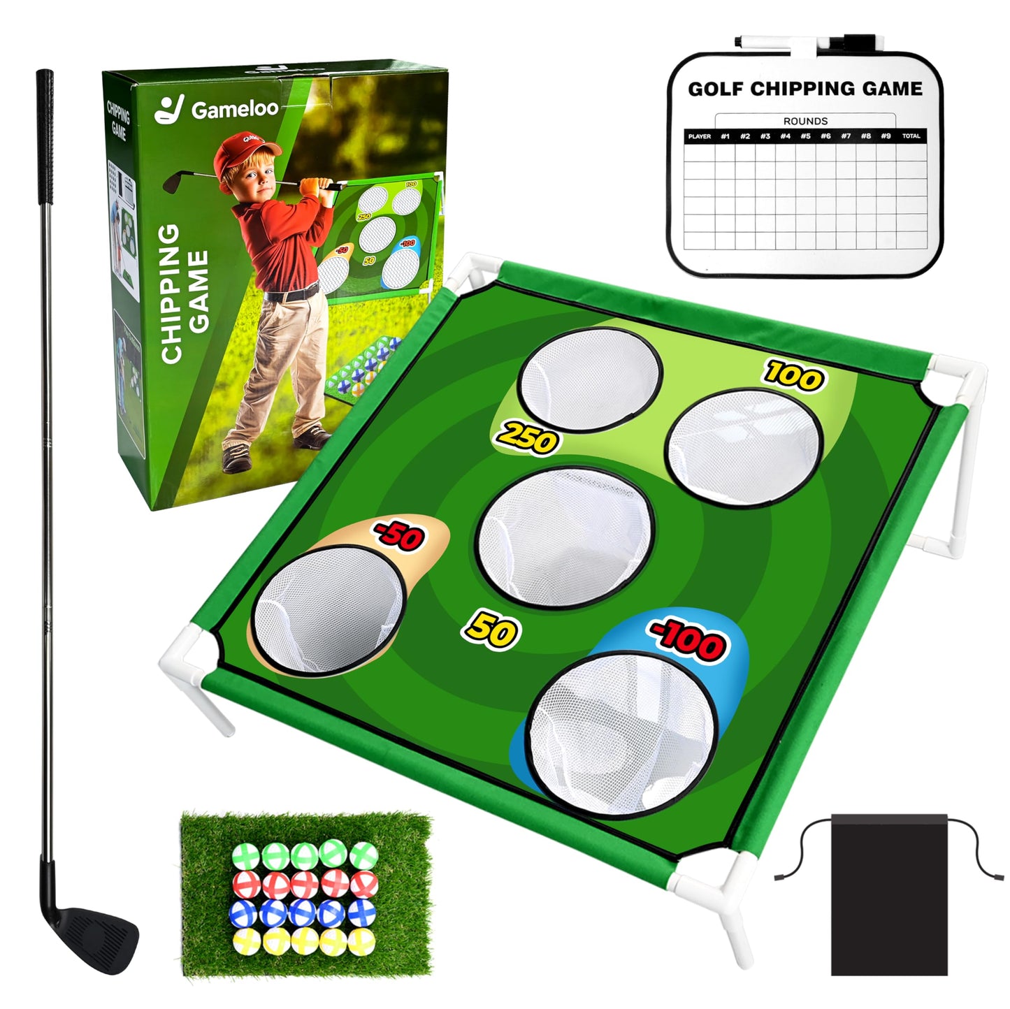 Gameloo Golf Chipping Game Set – Indoor & Outdoor Golf Pong Game for Adults and Family – Complete Backyard Golf Practice Kit with Hitting Mat, and Carry Bag – Perfect Fun Party Game & Gift