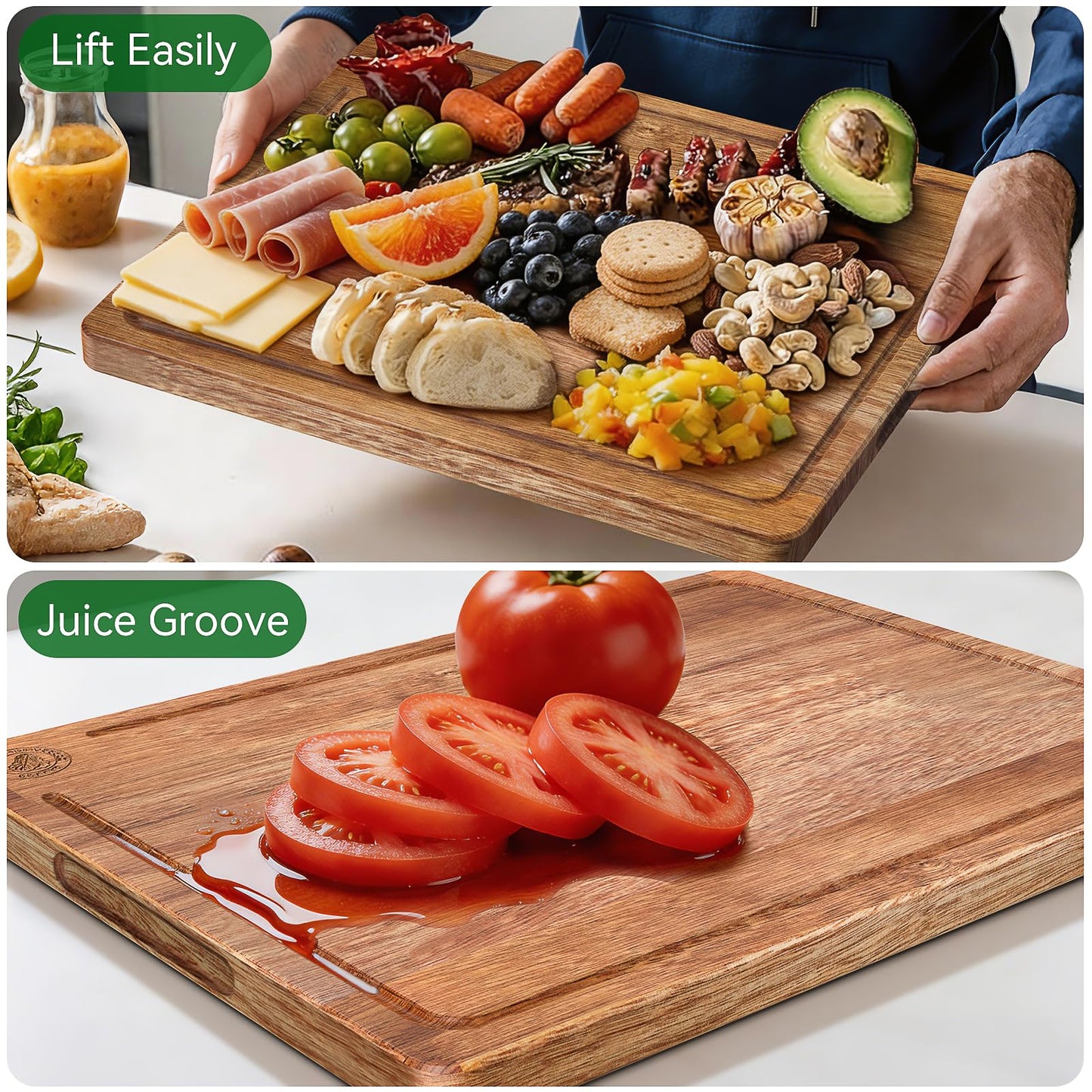 Acacia Wood Cutting Board Set of 3 – Non-Toxic & Pre-Oiled Cutting Boards for Kitchen, Chopping Boards with Holder, Juice Groove, Reversible Serving Board, Labeled Icons for Meat Cheese Vegetables