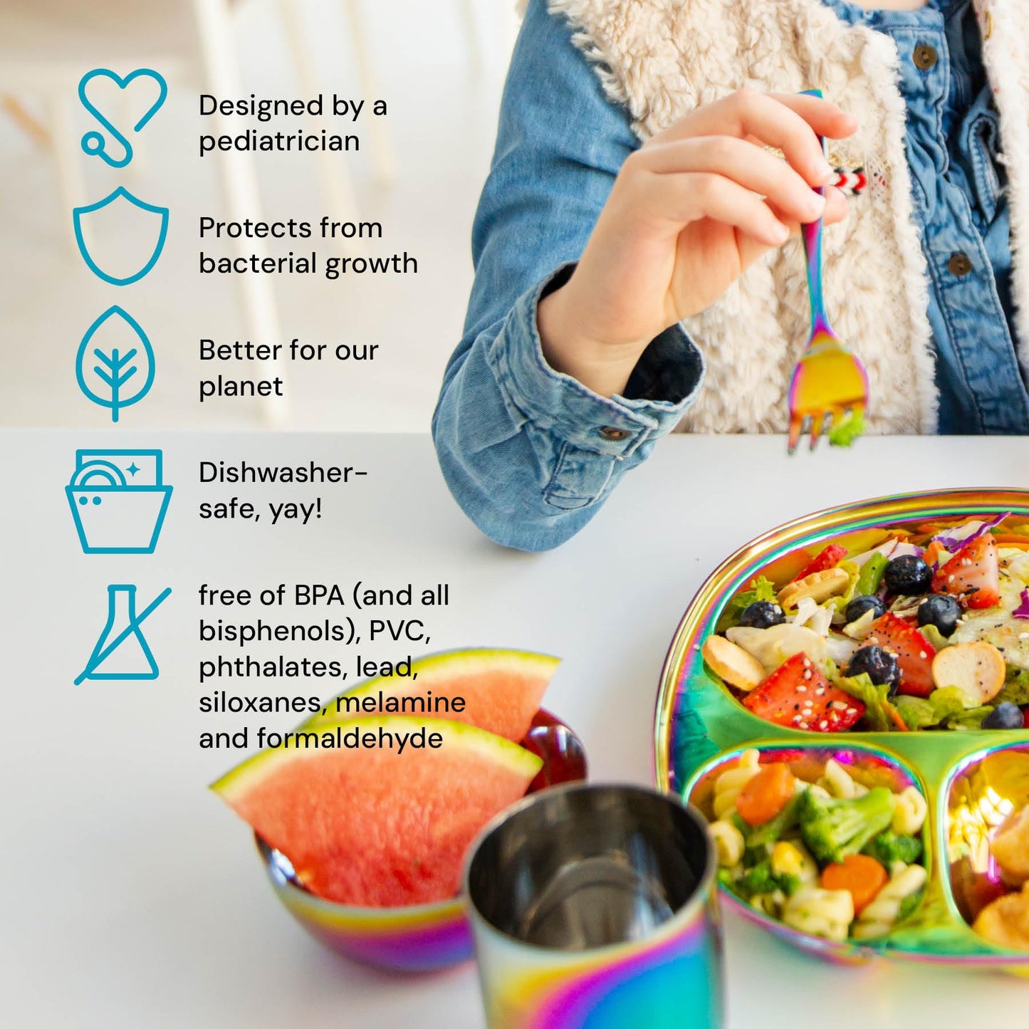 Ahimsa Stainless Steel Kids Dinnerware Set - 5 Piece Stainless Steel Toddler Plates and Bowls Set, Pediatrician Designed, Non Toxic Toddler Plate and Bowl, Kids Utensils and Cup (Rainbow)