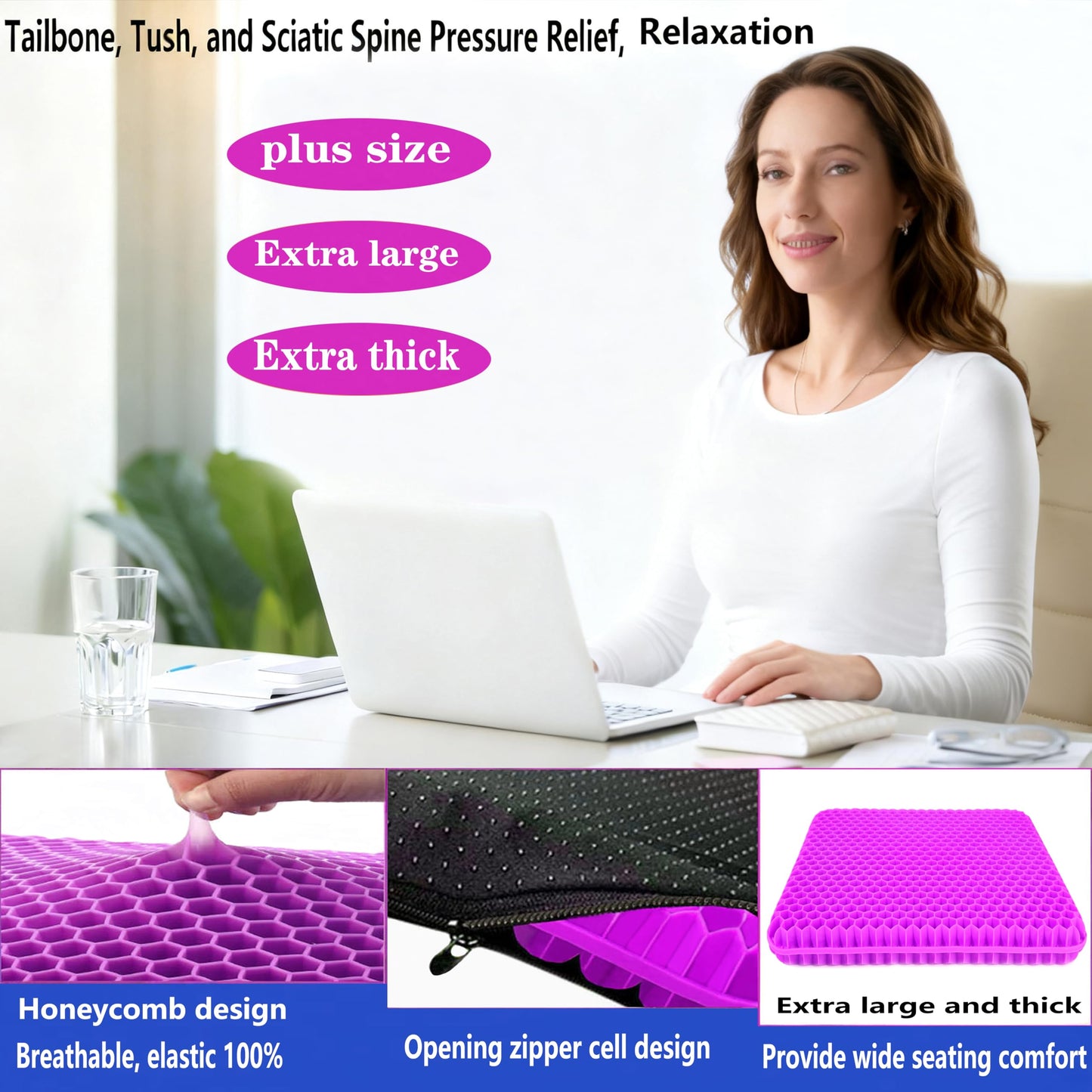 Plus Size Gel Seat Cushion for Long Sitting, Extra Large Cooling Supportive Seat Cushion for Back, Sciatica, Tailbone Pain Relief, Use for The Office, Wheelchair, Car, Recliner, Stadium.(Rose red)