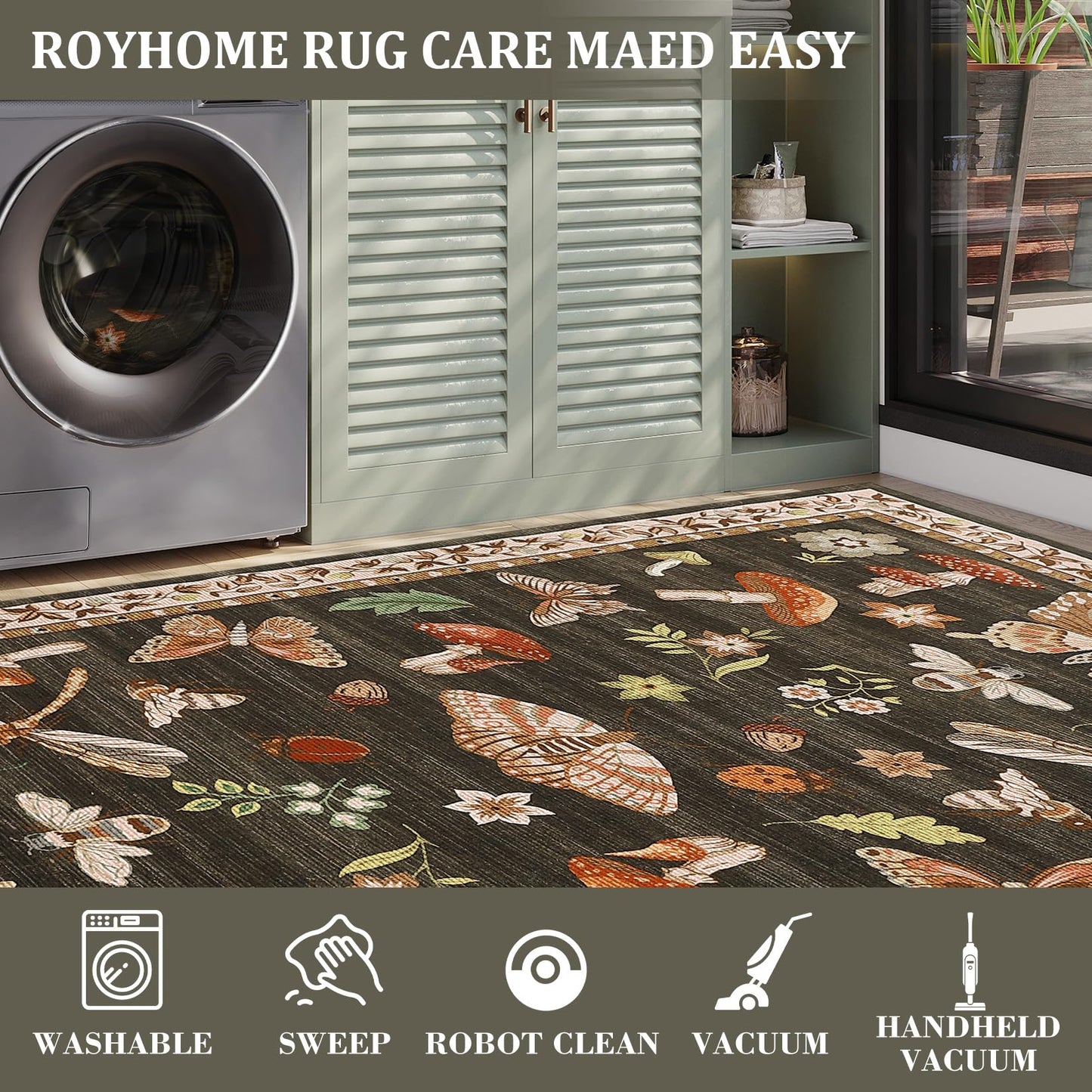 ROYHOME Mushroom Washable Rug 5x7 Area Rugs for Living Room, Insect Print Rug for Bedroom, Non Slip Throw Carpet with Rubber Back, Soft Low Pile Dining Room, Brown
