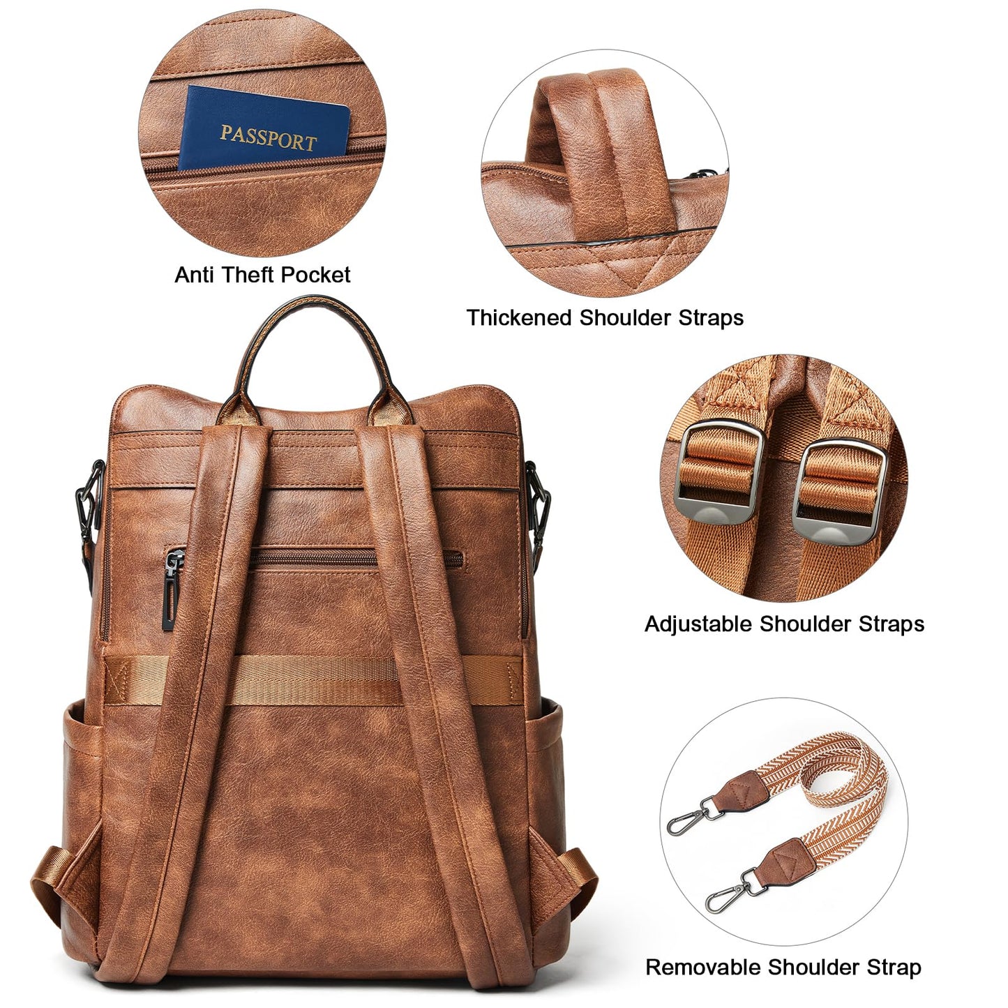 Shrrie 15.6 inch Laptop Backpack for Women,Large Leather Backpack Purse,Travel,Carry on,Water Resistant Casual Laptop Backpacks,College Backpack,Work Backpack for Women,Two-toned Brown