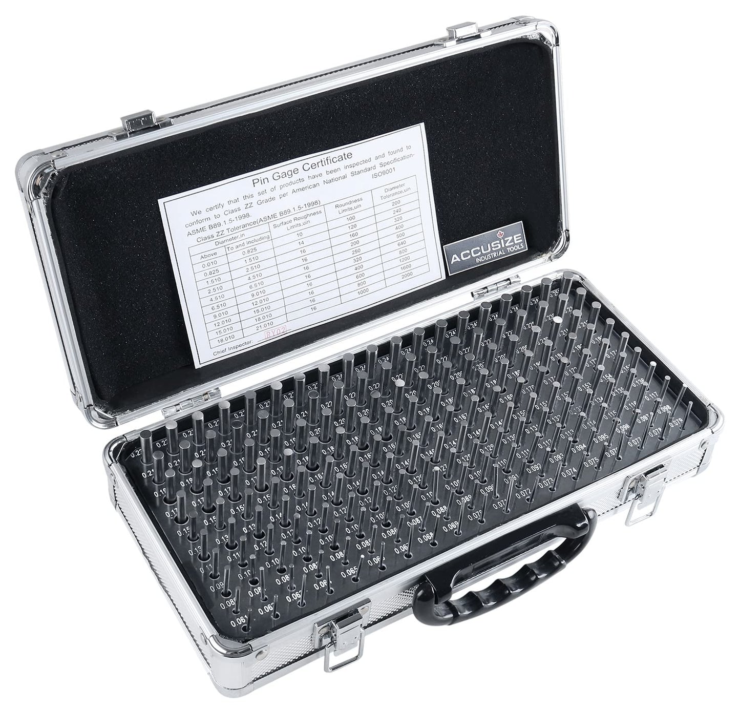 Accusize Industrial Tools - 190 Pc Precision Minus Class ZZ Pin Gauge Set, 0.061" to 0.250", 2" Length, Heat Treated, 60-62 RC, with Aluminum Case, M1(-) A