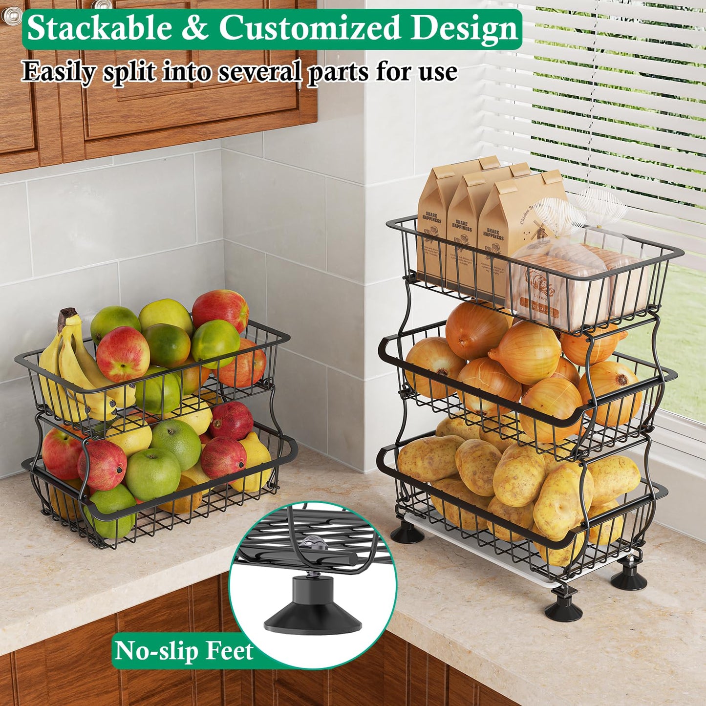 OKZEST 5 Tier Fruit Basket for Kitchen, Stackable Bins Wire Rack with Wheels, Fruit and Vegetable Storage Basket Pantry Food Snack Organizer Shelf, Kitchen Storage Cart for Onion and Potato, Produce