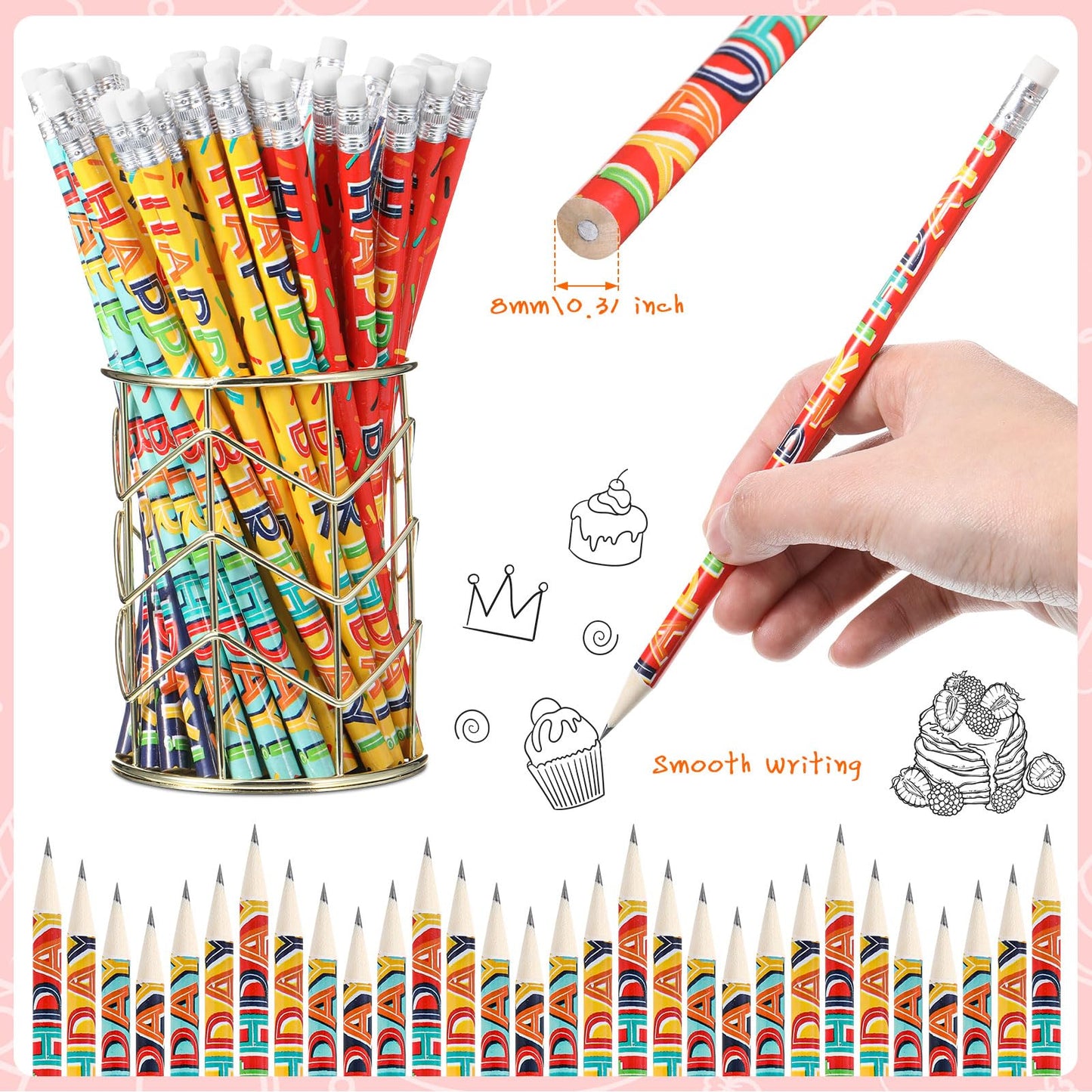 Kosiz 400 Pcs Happy Birthday Pencils Colorful Birthday Pencil Bulk Back to School Wooden Pencils with Top Erasers for Students Teachers Classroom Reward Party Gifts Supplies