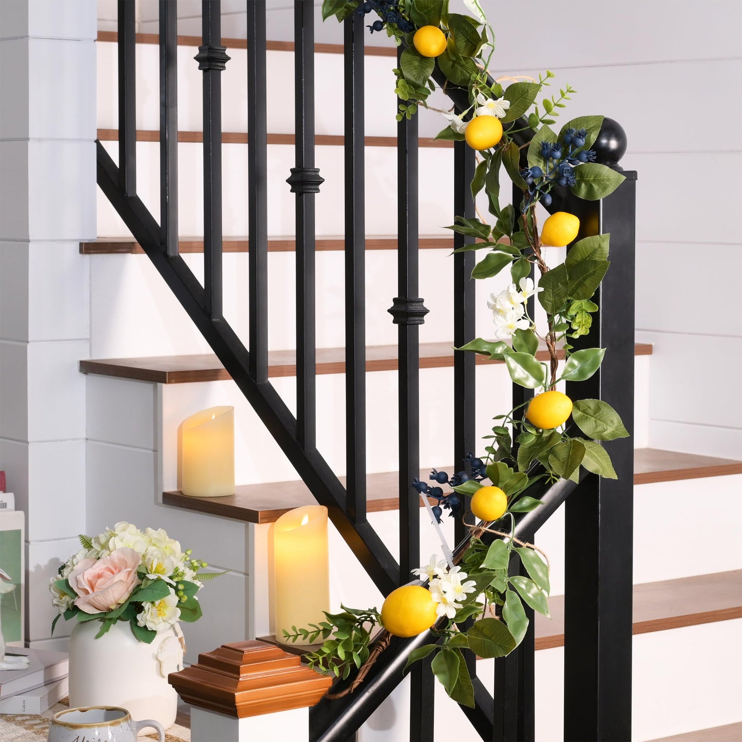 Valery Madelyn 6ft Pre-Lit Lemon Garland with Greenery, Thin Spring Summer Garland for Mantle with Lights, Artificial Fruit Vine for Stairs Fireplace Table, Farmhouse Kitchen Home Wall Party Decor