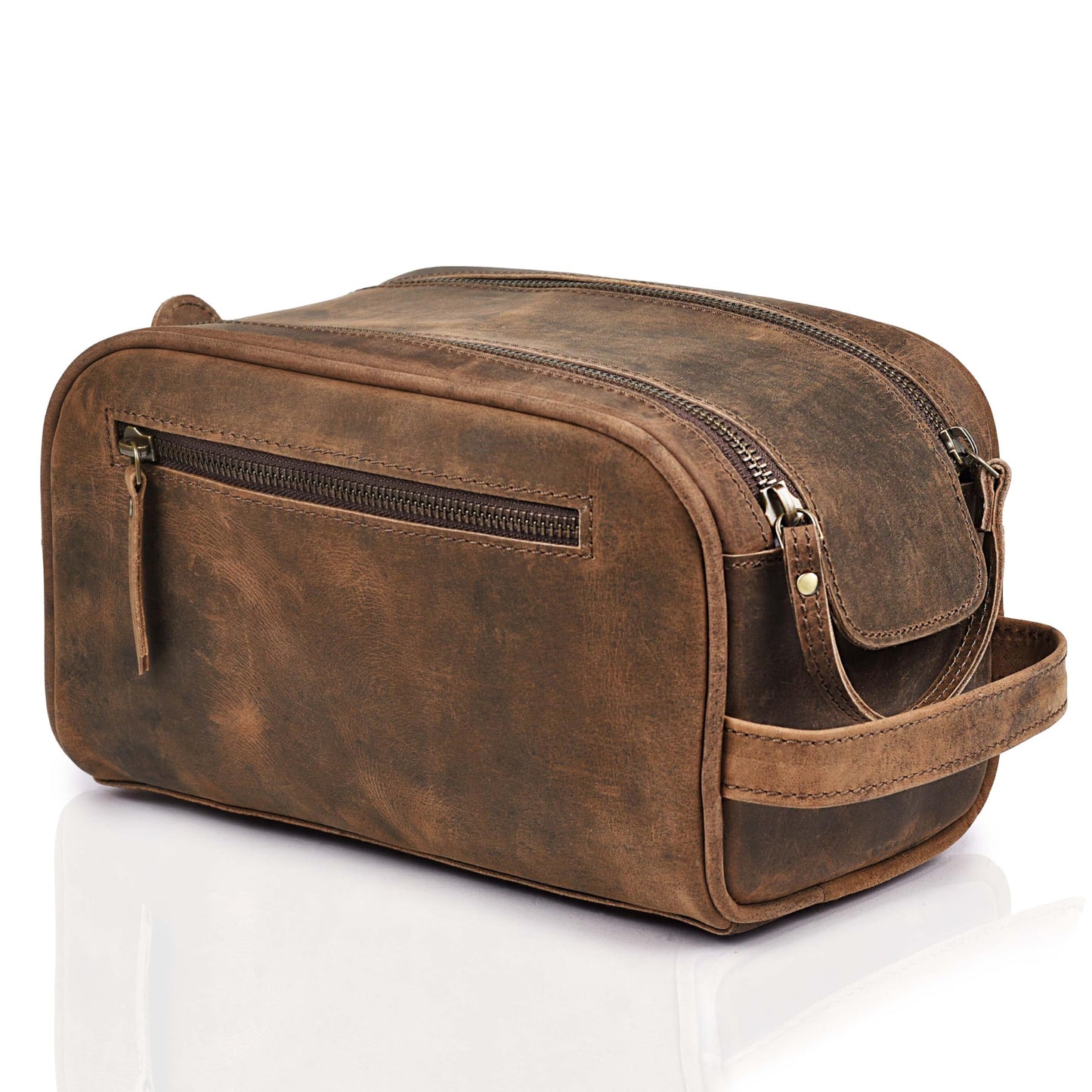 LEATHER VILLAGE Premium Leather Toiletry Travel Pouch With Waterproof Lining - Brown | King-Size Handcrafted Vintage Dopp Kit Bag