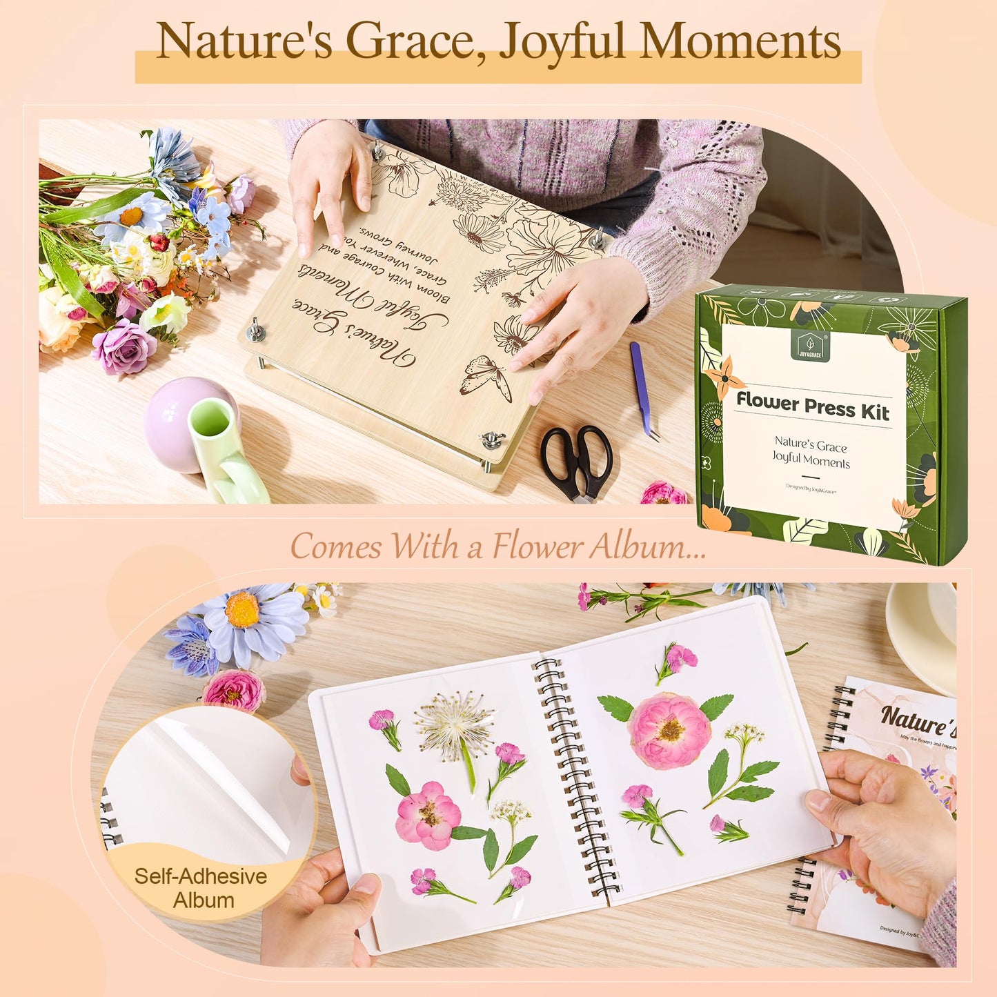 Joy&Grace Large Flower Press Kit for Adults with Designed Cover and DIY Album, 27.7 x 27.7 cm 10 Layers Plant Press and Plant Drying Toolkit, Flower Preservation Kit (Color Box, Natural Wood)