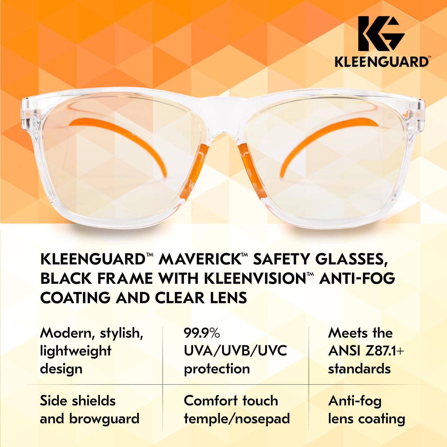 KleenGuard™ V30 Maverick™ Safety Glasses (49301), with KleenVision™ Anti-Fog Coating, Clear Lenses, Clear Frame, Unisex for Men and Women (Qty 12)