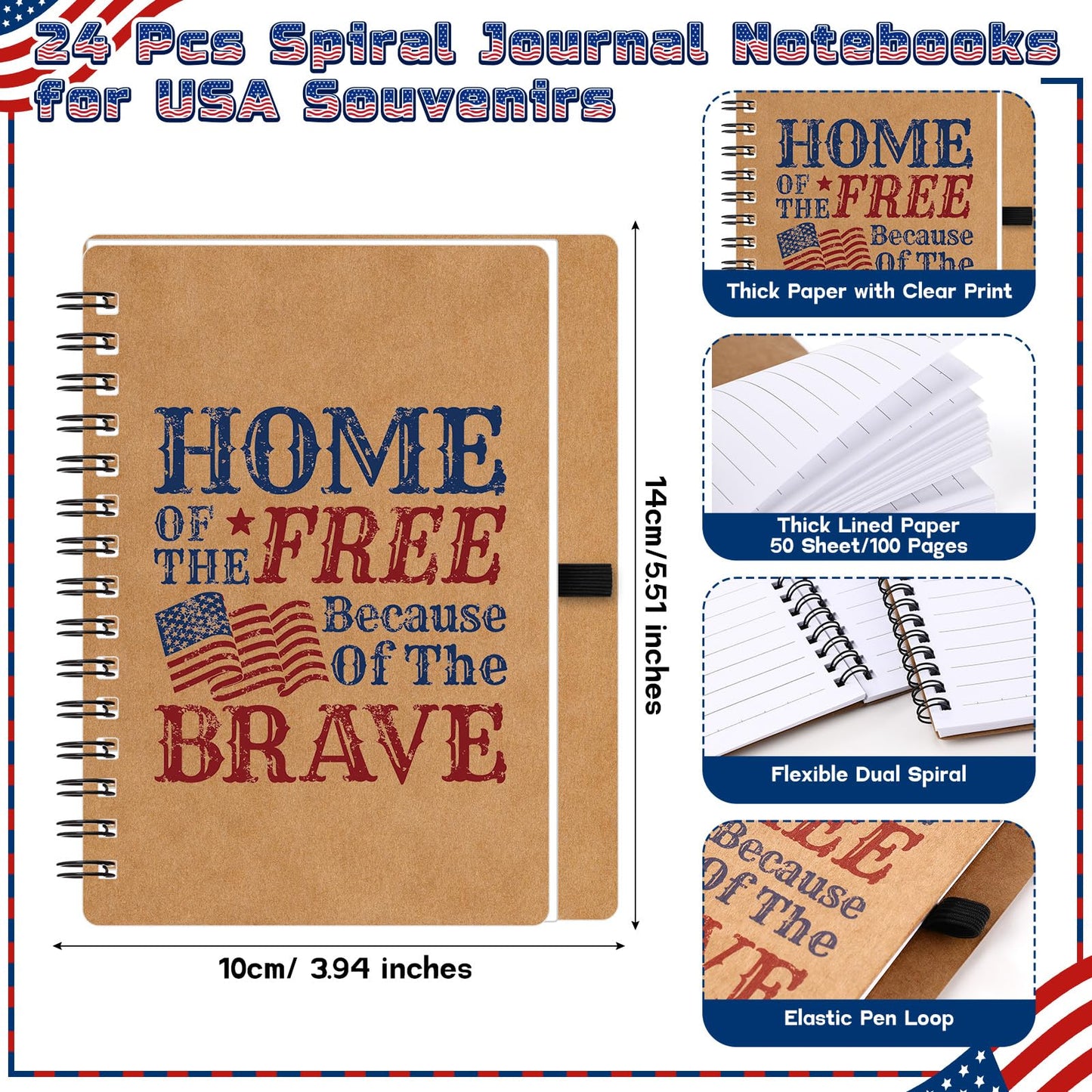 Resurhang 250th Anniversary Memorial Day Gift American Flag Ballpoint Pens Spiral Notebooks Home of The Free Because of The Brave Journal USA Patriotic for Veteran Military Soldier 250th Gift(24 Set)