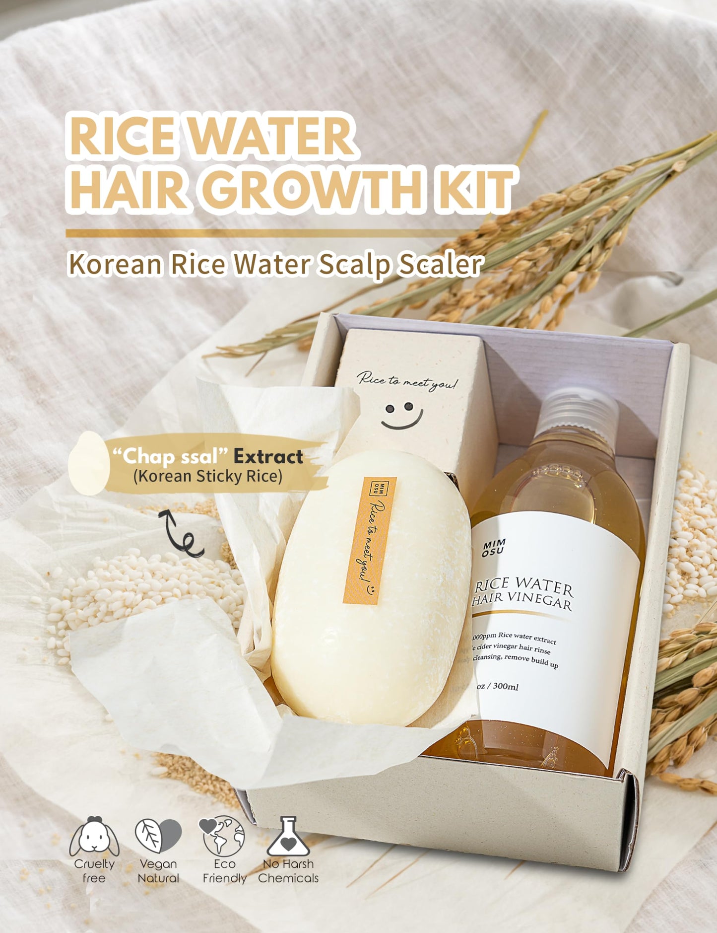 mimosu Rice Water Shampoo and Conditioner Set for Hair Growth, Apple Cider Vinegar Rinse, Sulfate-Free, Strengthens and Thickens, Korean Hair Care Product