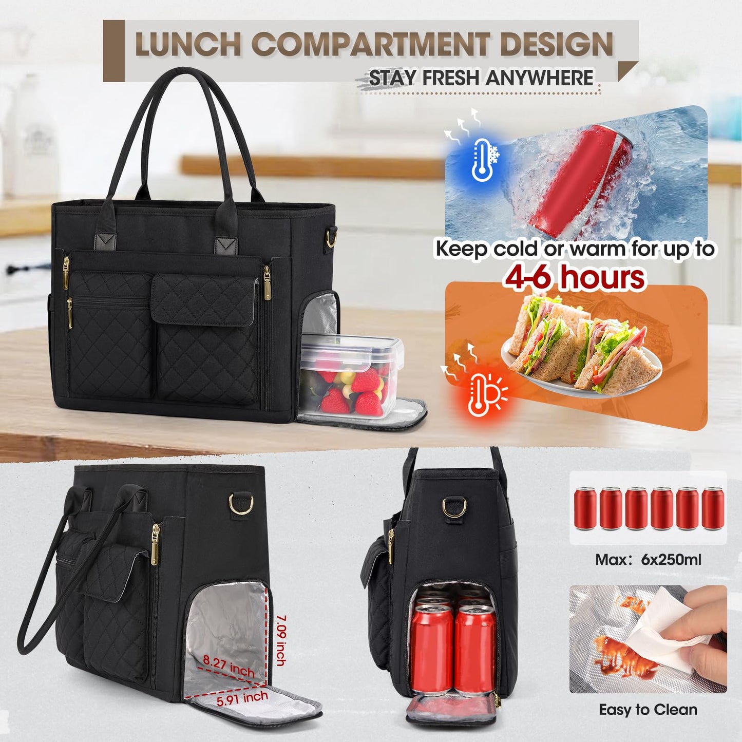 RAINSMORE Teacher Tote Bag with Insulated Lunch Compartment 15.6 inch Laptop Bag for Women Lightweight Work Bags Nurse Bags Professional Briefcase Computer Handbag for Office, College, Nursing, Black