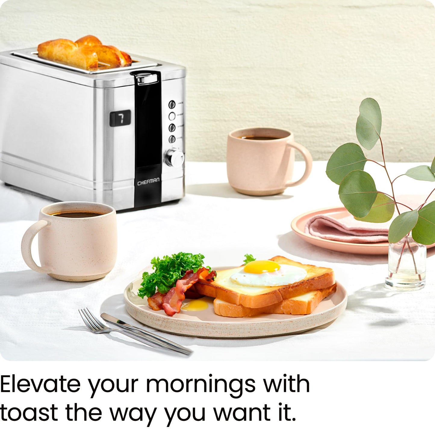 Chefman 2-Slice Digital Toaster, Pop-Up, Stainless Steel, Extra-Wide Slots For Bagels, Defrost, Reheat, Cancel Functions, Removable Crumb Tray
