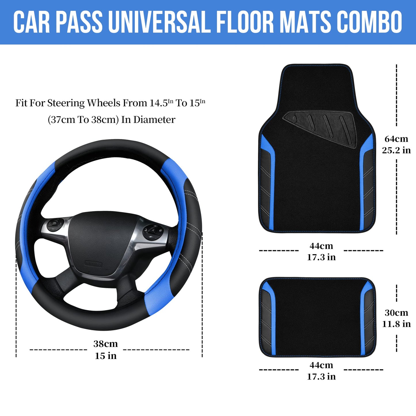 CAR PASS Air Mesh Leather Car Seat Covers Full Set, Waterproof Car Floor Mats, Sporty Steering Wheel Cover 14.5-15in, Universal Fits for 95% Cars Truck SUV (Black and Blue)