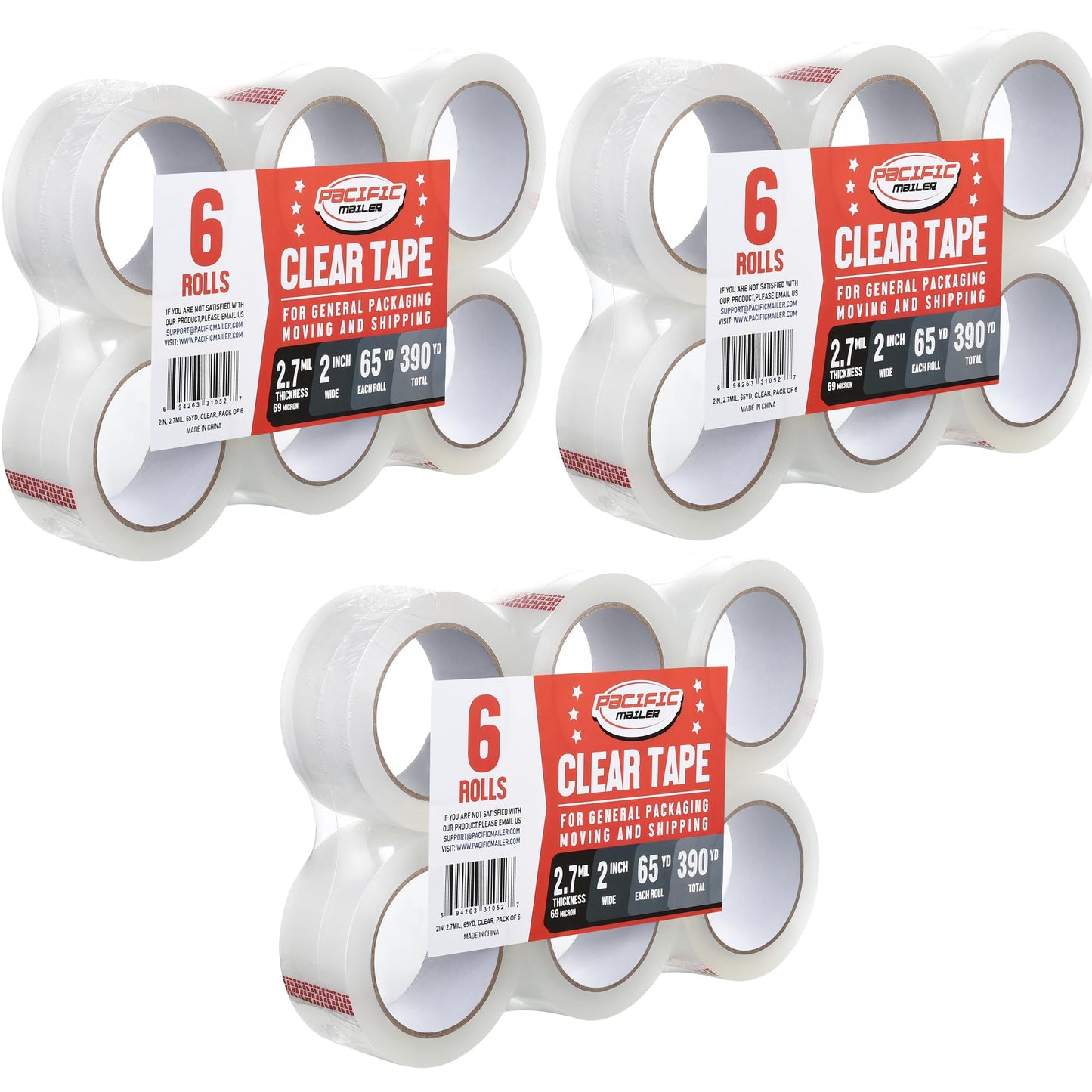 Pacific Mailer Clear Packing Tape, Heavy Duty Packaging Carton Tape for Shipping Packaing Moving Sealing, 2 Inch Wide, 2.7mil Thickness, 65 Yards Per Roll [Pack of 18]