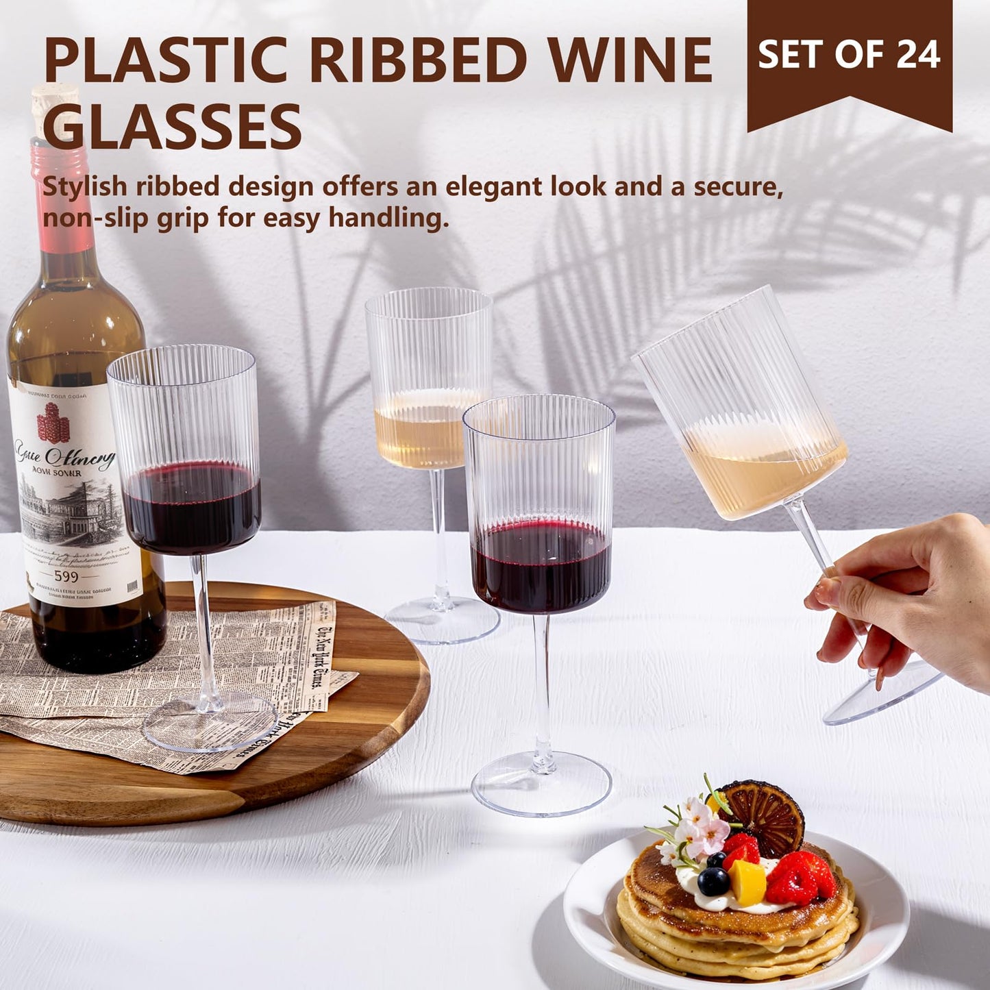 YOUBET 24 Pack Plastic Ribbed Wine Glasses - 10 OZ Clear Square Wine Glasses with Stem - Heavy Duty Vintage Disposable Champagne Cups for Wedding Parties