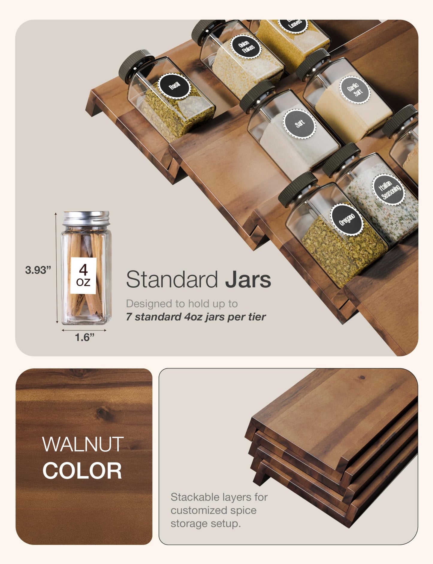 Tinamo Acacia Wooden Spice Rack Organizer for Cabinet - Spice Drawer Insert, Spice Organization for Cabinet, Seasoning Organizer, Spice Holder Pack of 8 (Walnut, Pack 8)