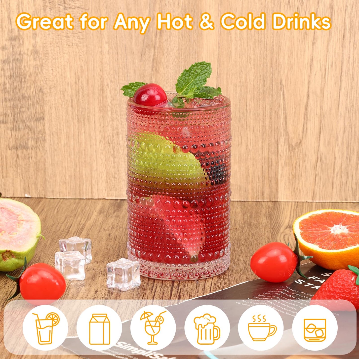 Moretoes Hobnail Drinking Glasses Set of 16, 12 Oz Highball Glasses & 10 Oz Cocktail Glasses, Clear Embossed Boho Glass Cups Kitchen Bar Tumbler Glassware Set for Whiskey, Beer, Juice, Milk (Clear)